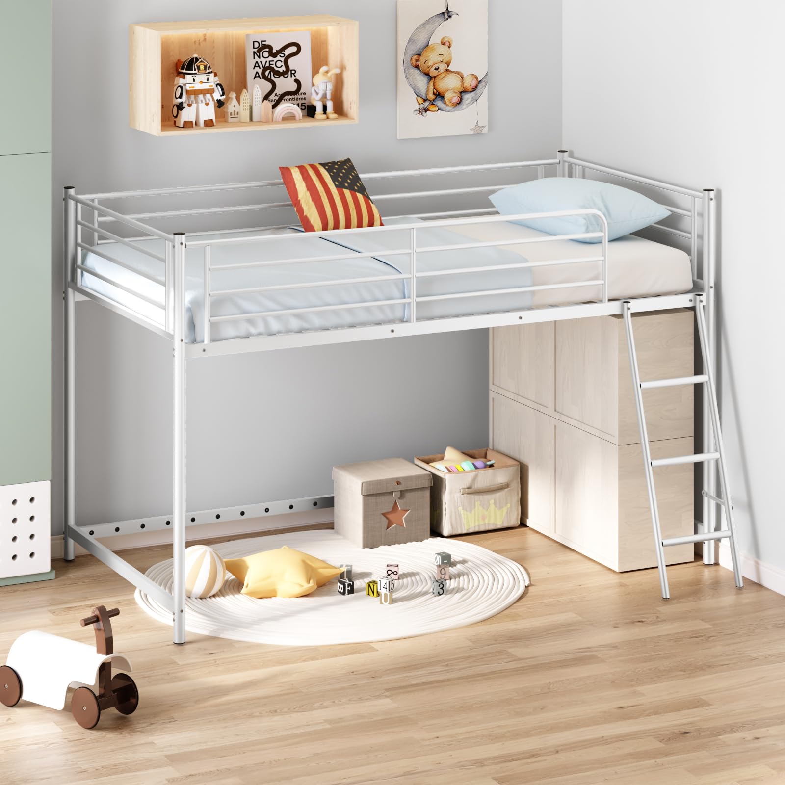 JOYMOR Low Loft Bed with Inclined Ladder Metal Twin Size Bed Frame