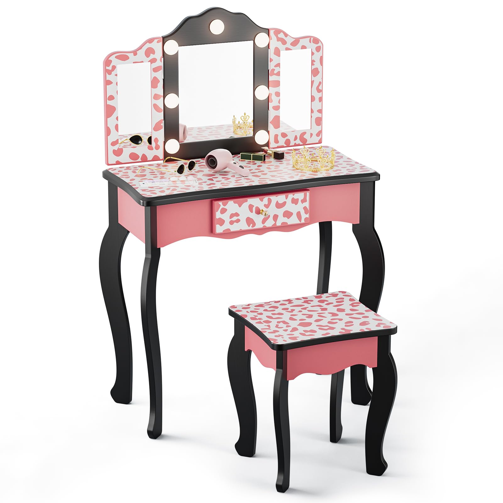 JOYMOR Kids Vanity Set Tri-Fold Girls Vanity with Leopard Print