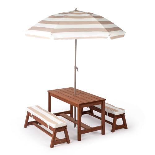 kids patio table umbrella JOYMOR Kids Picnic Table Set with Cushions Umbrella Outdoor Wooden Table Bench Natural one_size
