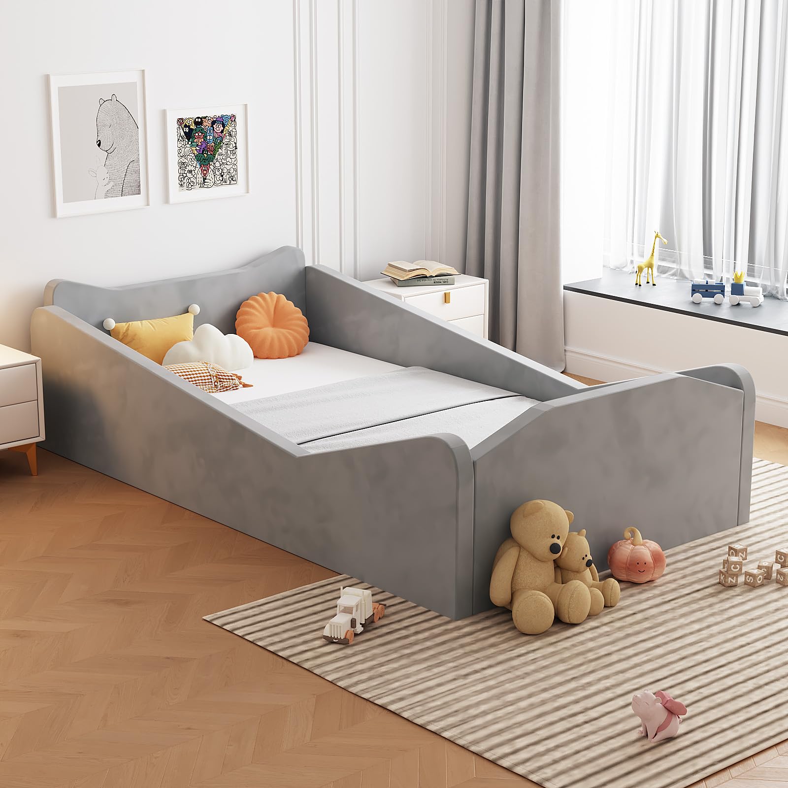 JOYMOR Toddler Bed Floor Bed with Safety Guadrail