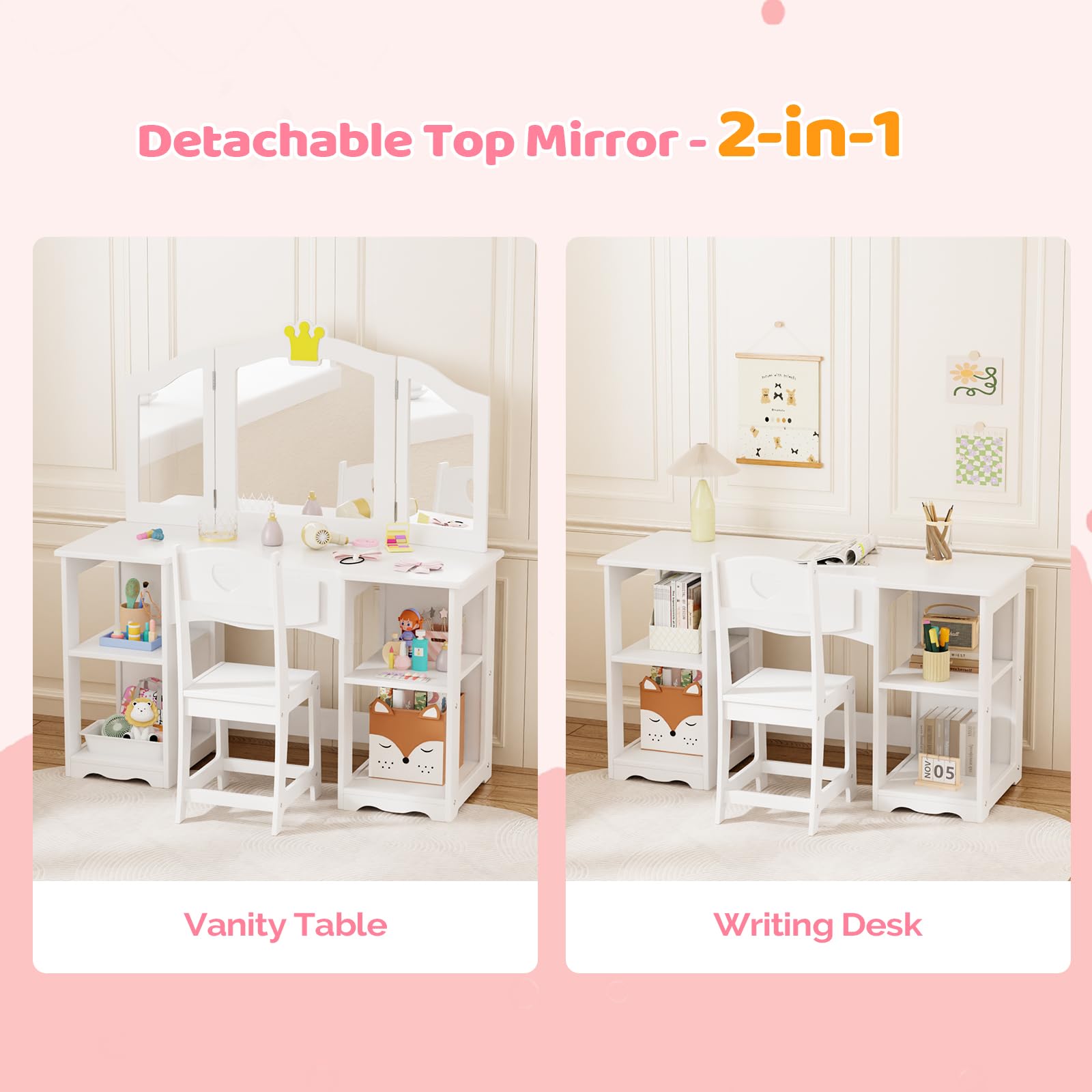 JOYMOR Kids 2 in 1 Princess Vanity Table and Chair Set w/Tri-Folding Mirror