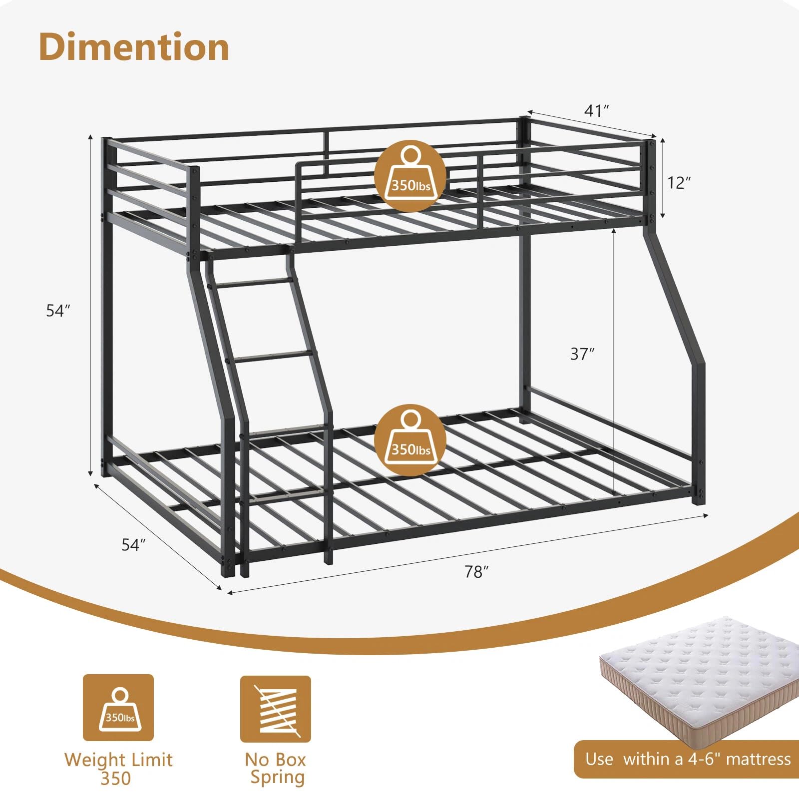 JOYMOR Twin Over Full Bunk Bed Metal Frame with Safety Guardrail Low Profile Space Saving Design