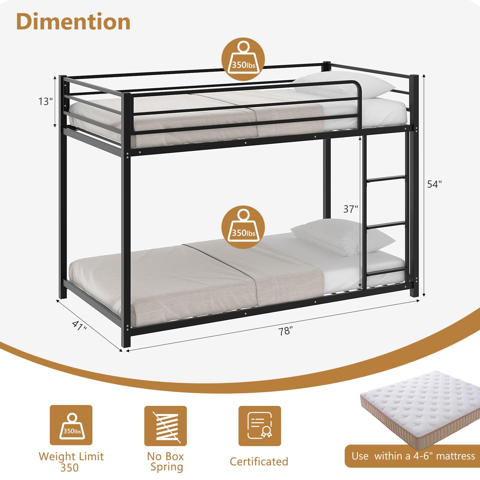 JOYMOR Metal Low Bunk Bed Twin Over Twin Bed Frame
