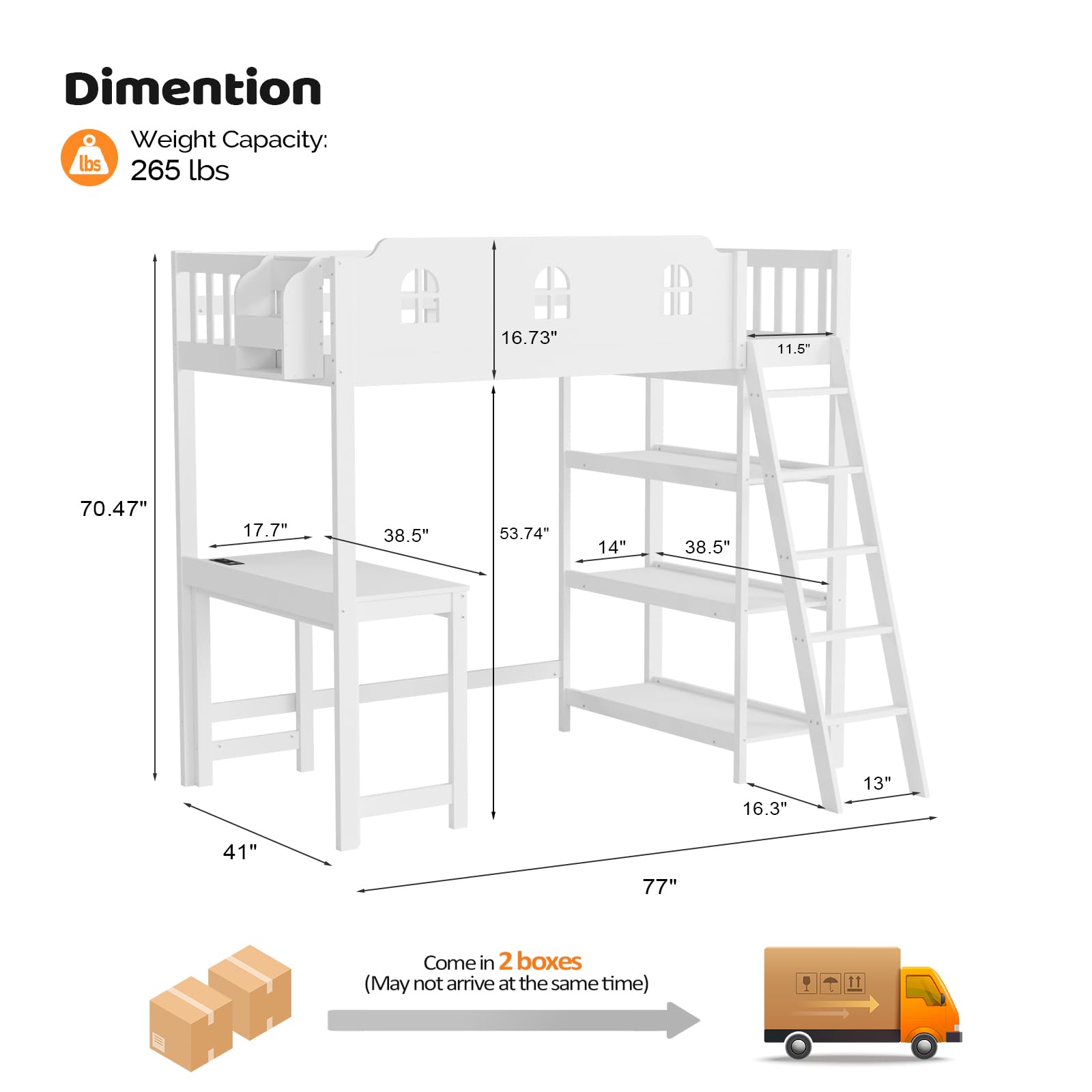 JOYMOR Wood Loft Bed with Desk Twin Size Bed Frame