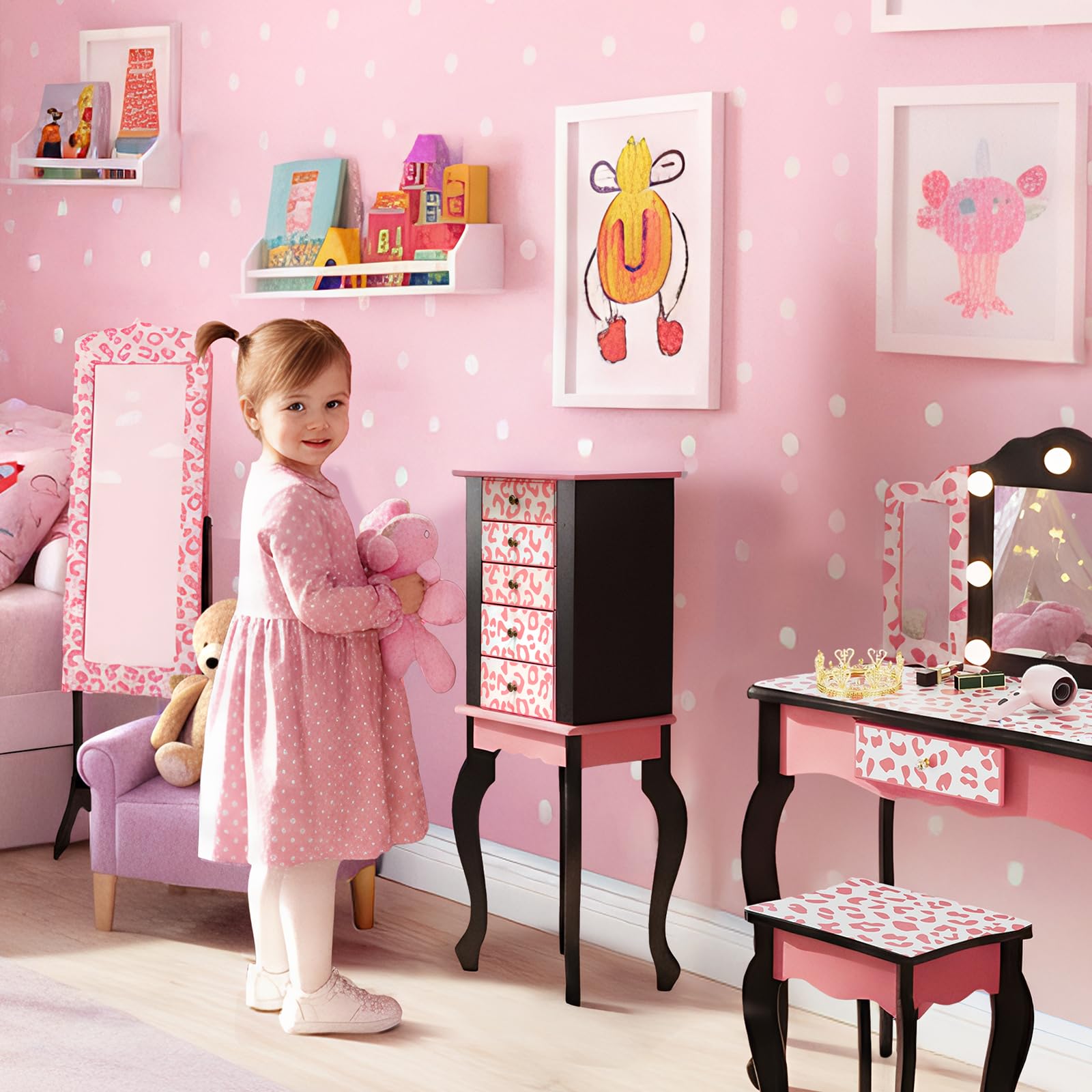 JOYMOR Kids Standing Jewelry Armoire Cabinet with 5 Drawers