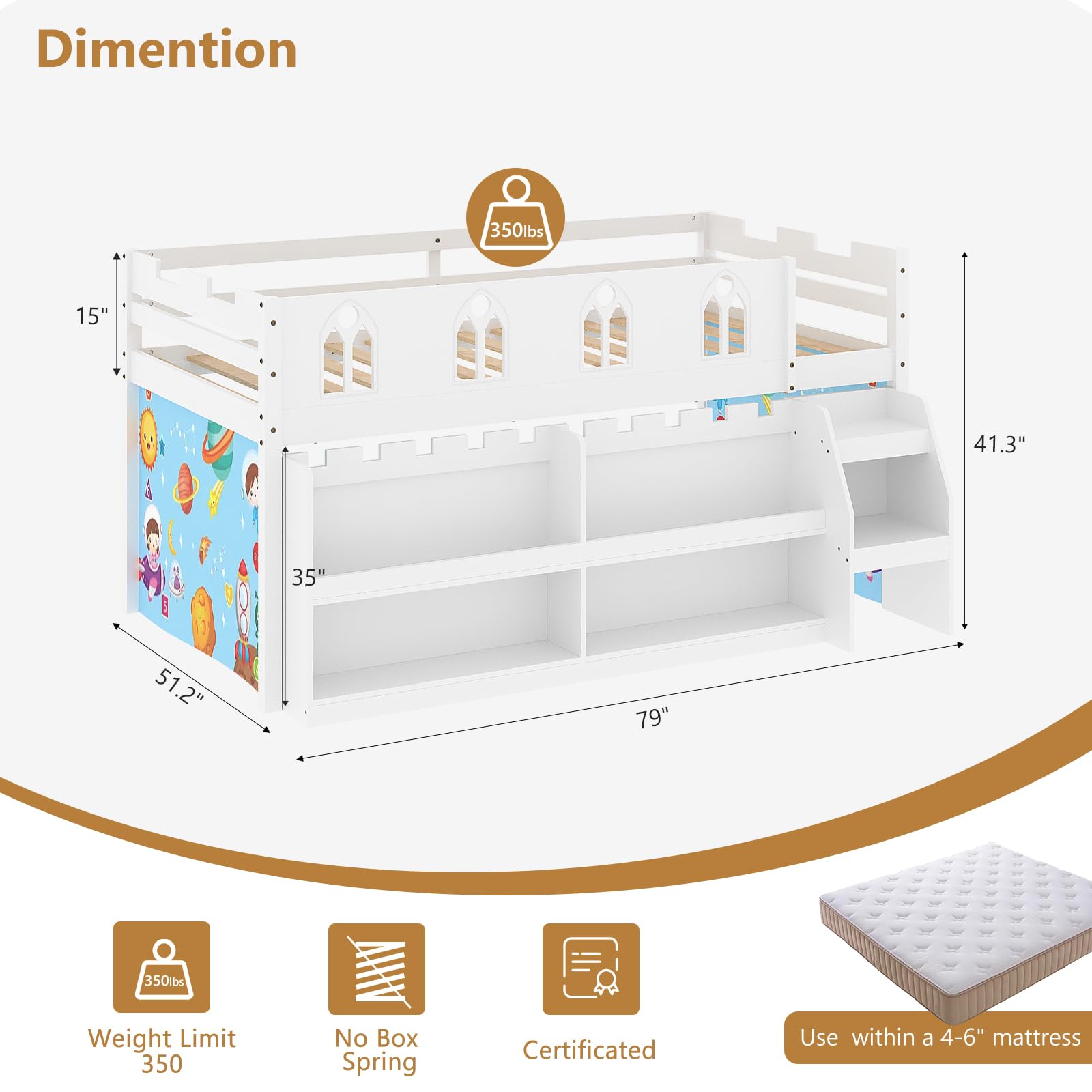 JOYMOR Low Loft Bed with LED Lights Wood Twin Size Bed Frame