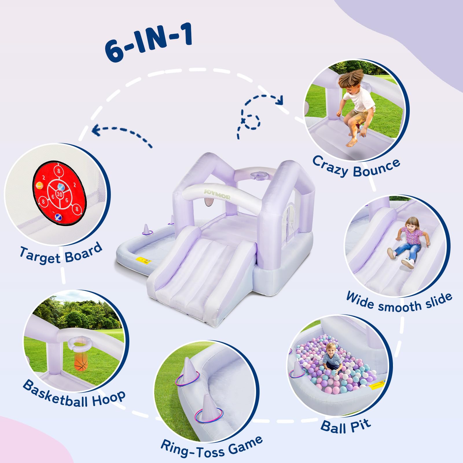 JOYMOR 6-in-1 Gradient Inflatable Bounce House with Slide & Play Area