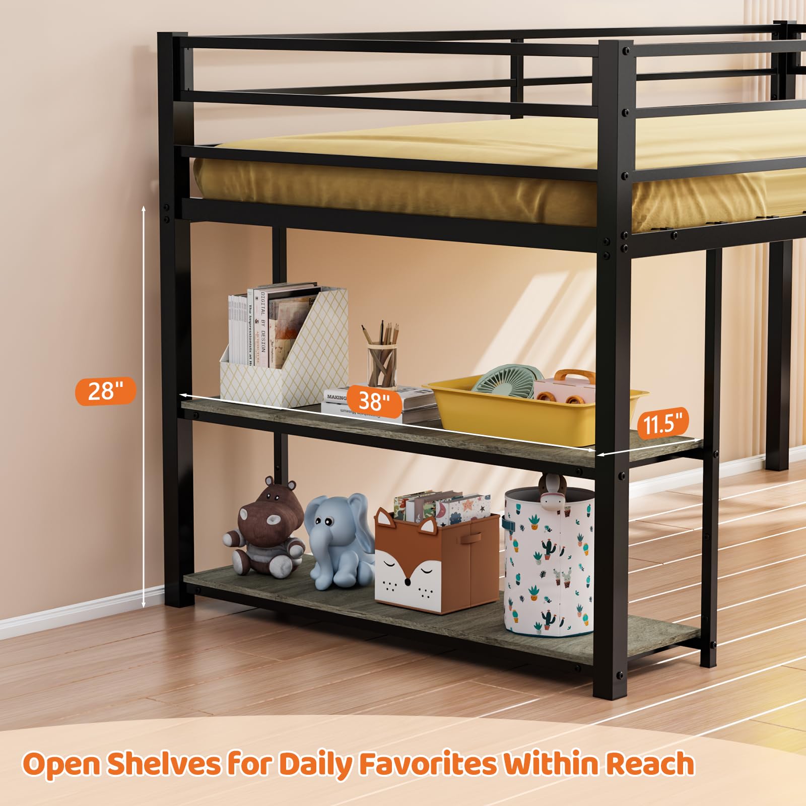 JOYMOR Twin Low Loft Bed with 3 Storage Drawers Shelves Bookcase and LED Lights Metal Frame Safety Guardrail