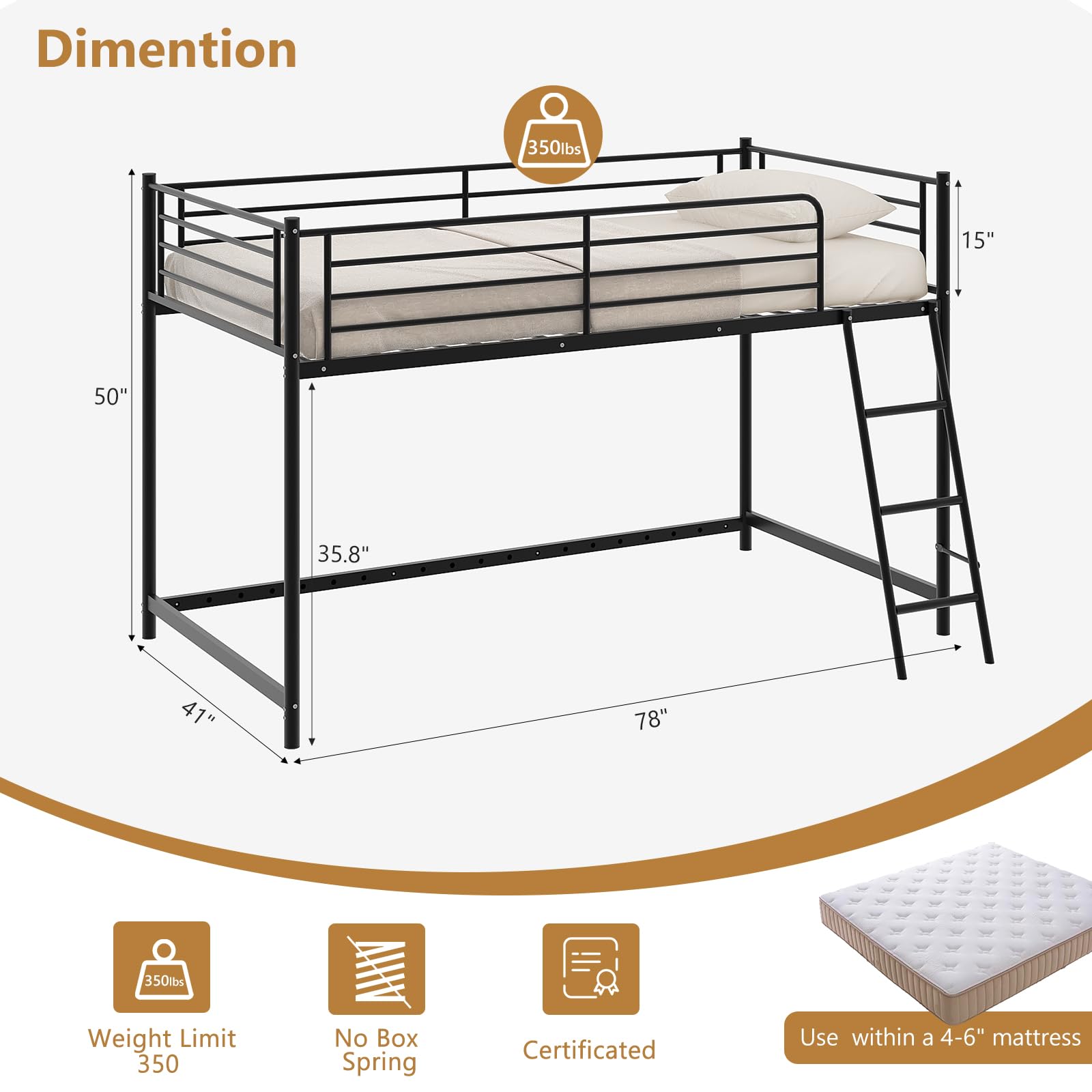 JOYMOR Low Loft Bed with Inclined Ladder Metal Twin Size Bed Frame