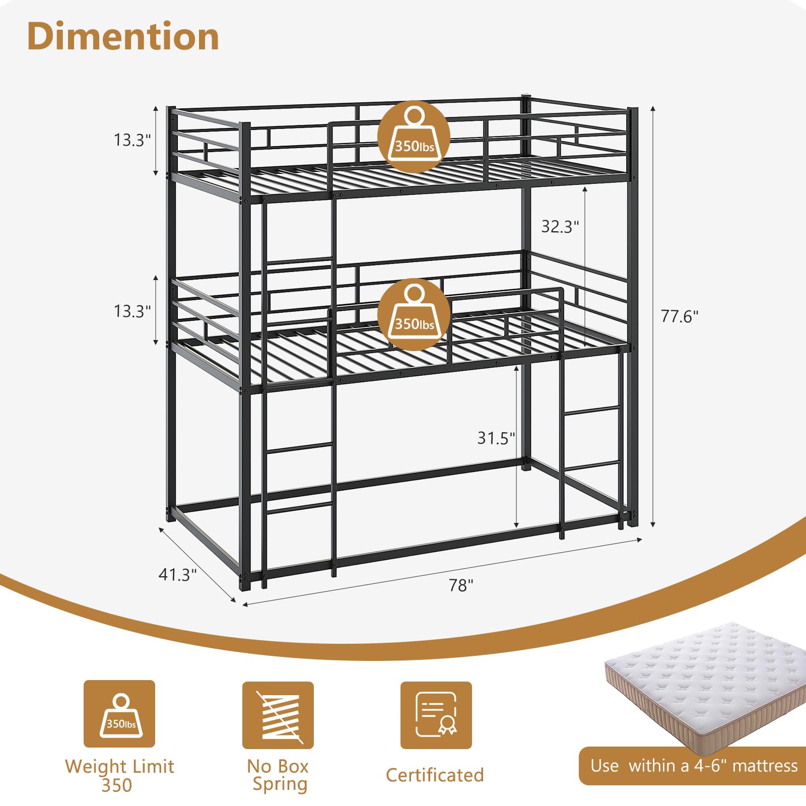 JOYMOR Triple Bunk Bed Twin Over Twin Over Twin Heavy Duty Metal Frame with Safety Guardrail