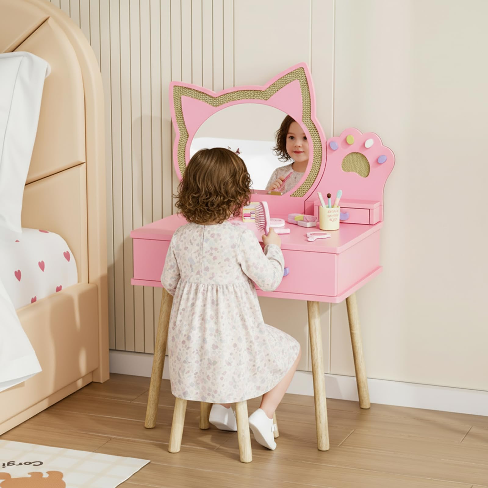 JOYMOR Kids Cat Mirror Vanity Makeup Dressing Table