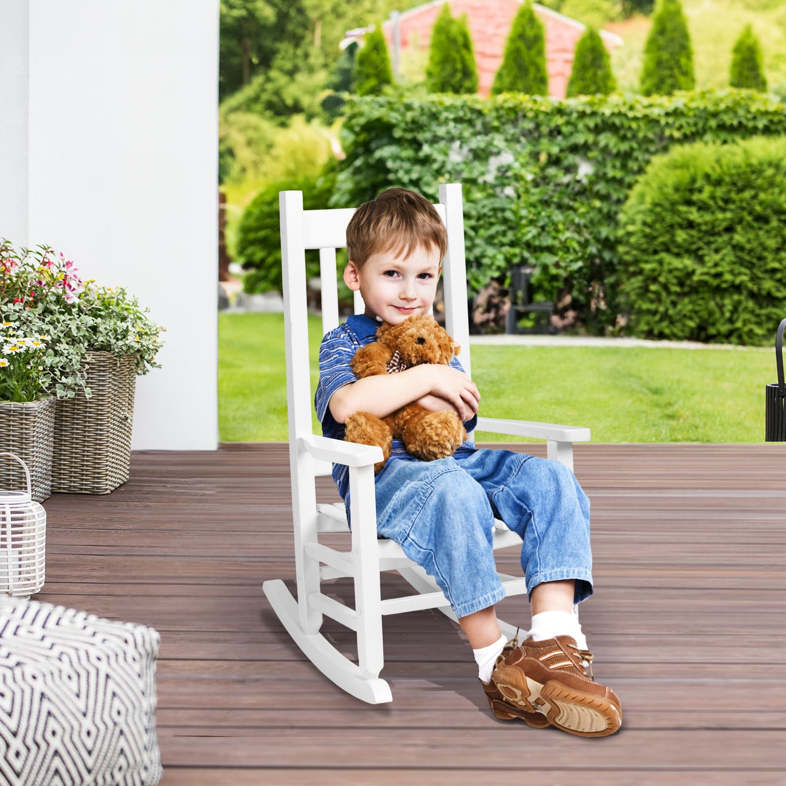 JOYMOR Wooden Rocking Chair with High Backrest Outdoor Toddler  Porch Rocker