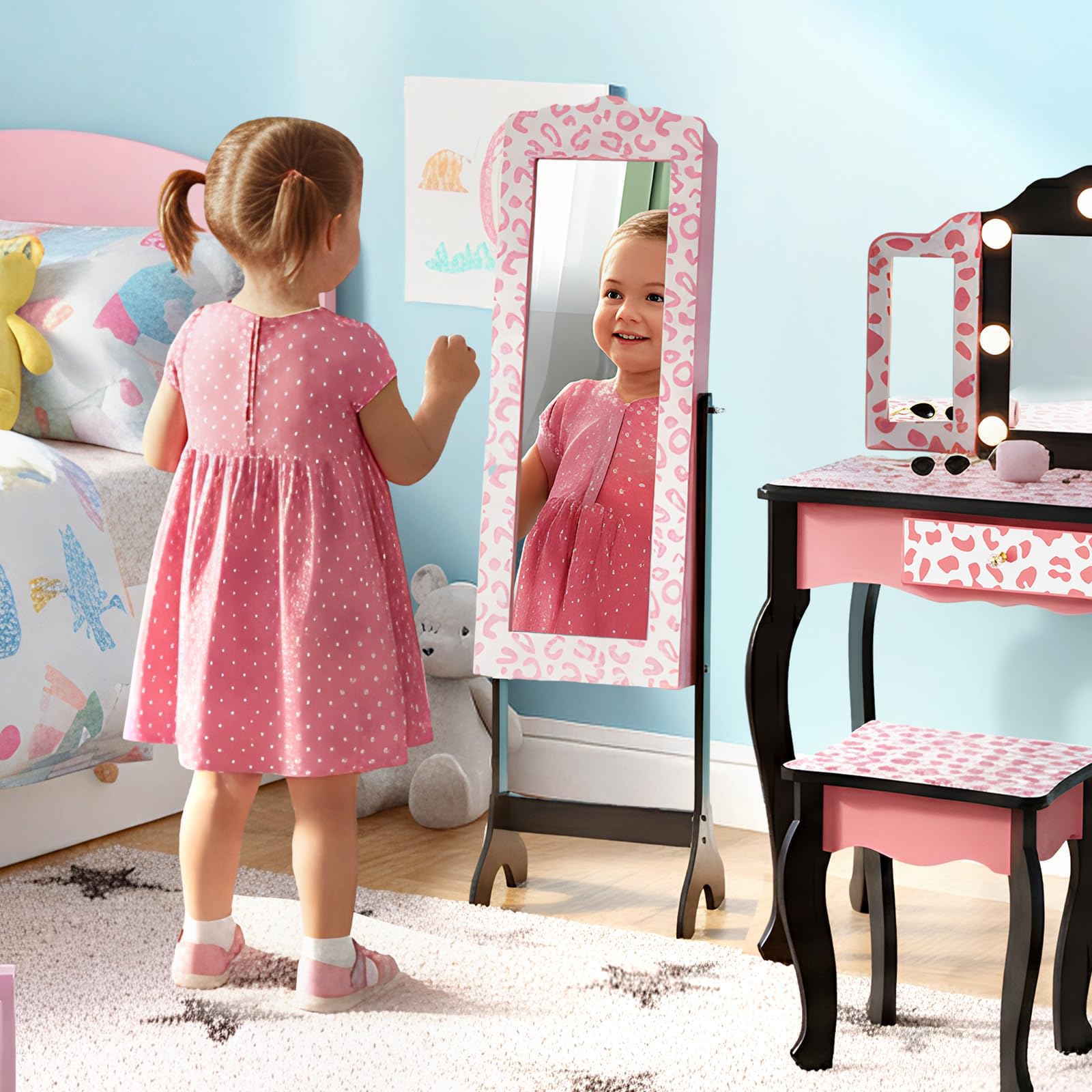 JOYMOR Freestandinng Kids Mirror Jewelry Cabinet with Storage