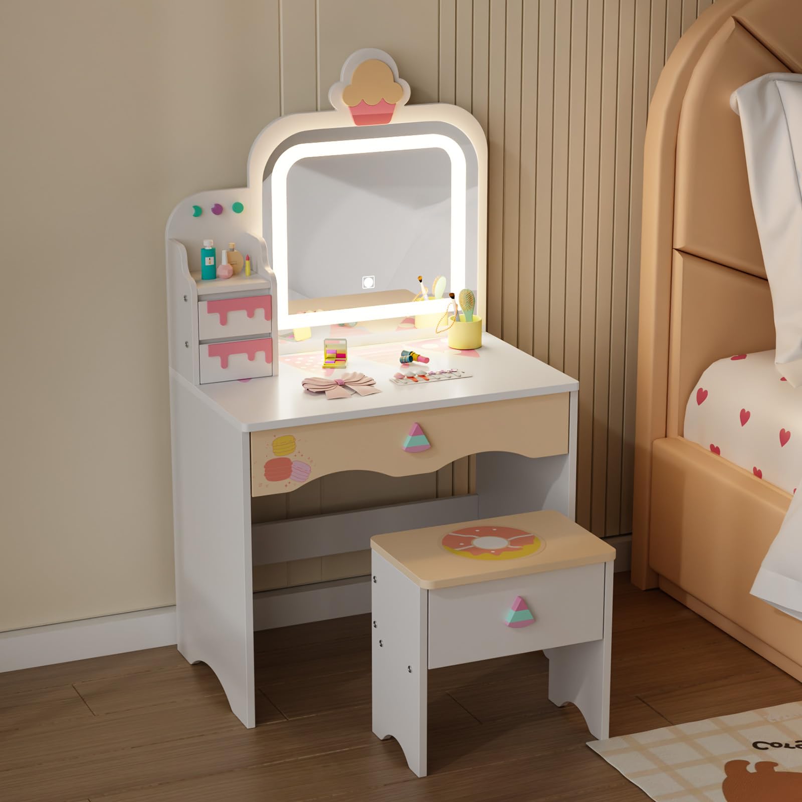 JOYMOR Kids Vanity with Cloud-Like Lights Makeup Dessert Desk