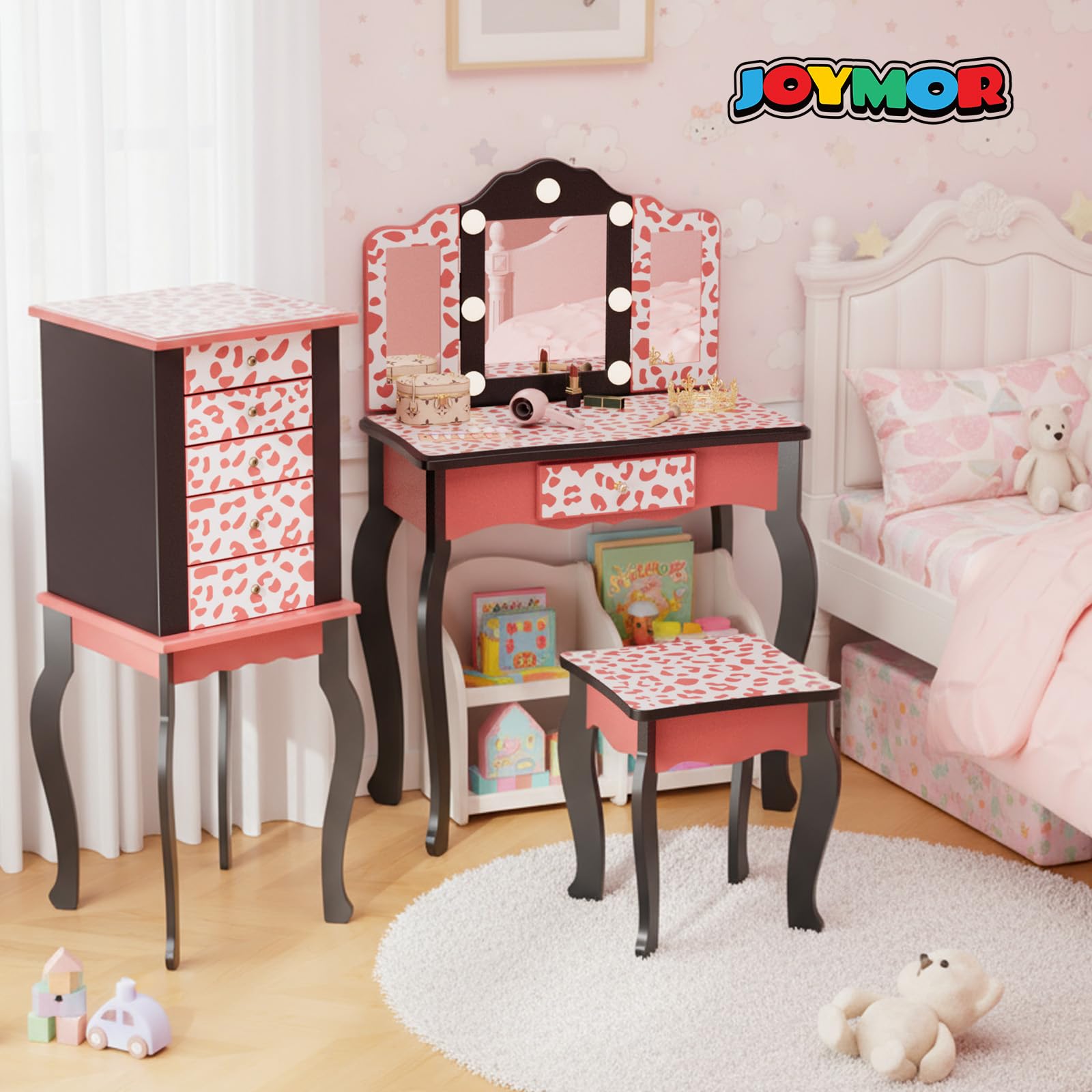 JOYMOR Kids Vanity Set Tri-Fold Girls Vanity with Leopard Print