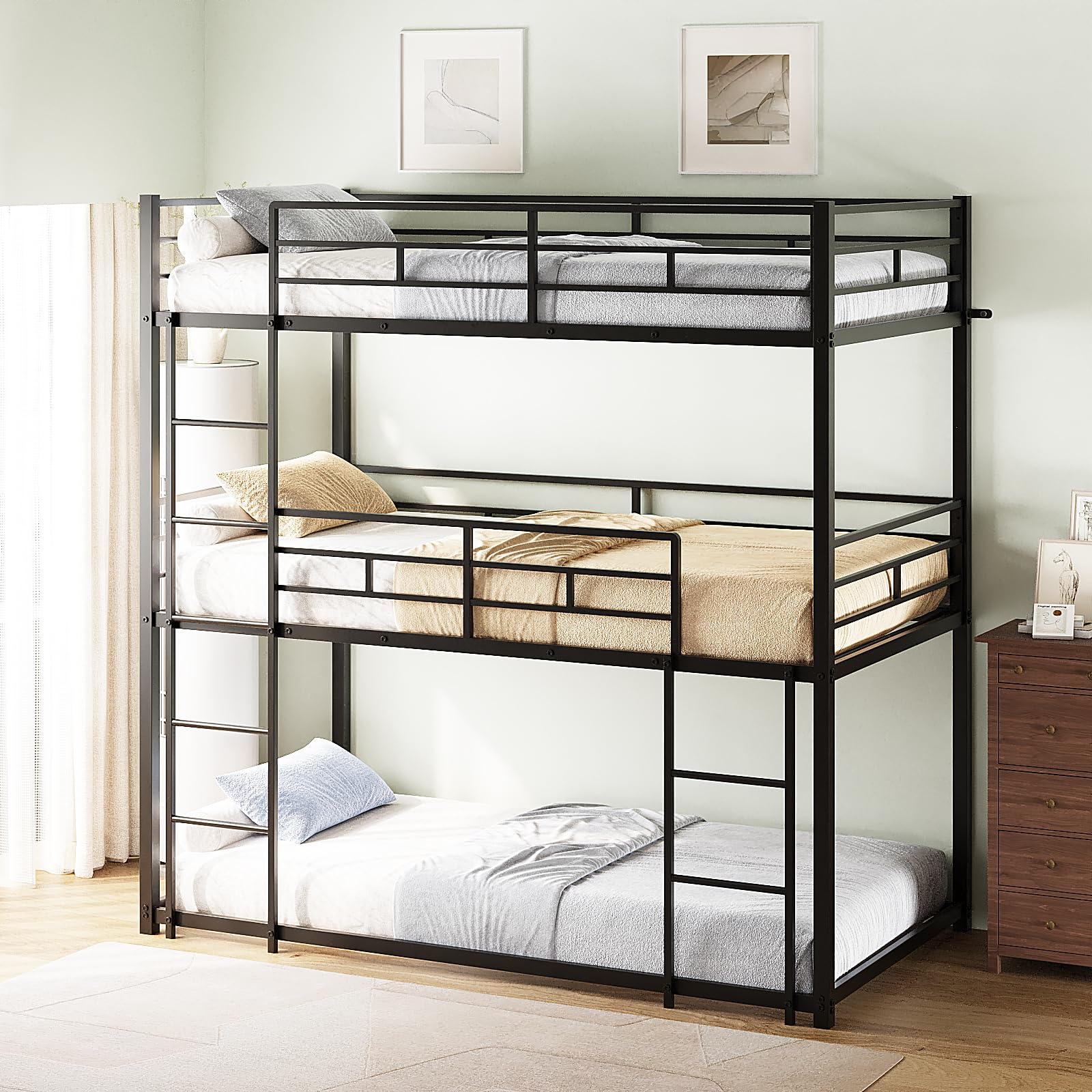 JOYMOR Triple Bunk Bed Twin Over Twin Over Twin Heavy Duty Metal Frame with Safety Guardrail