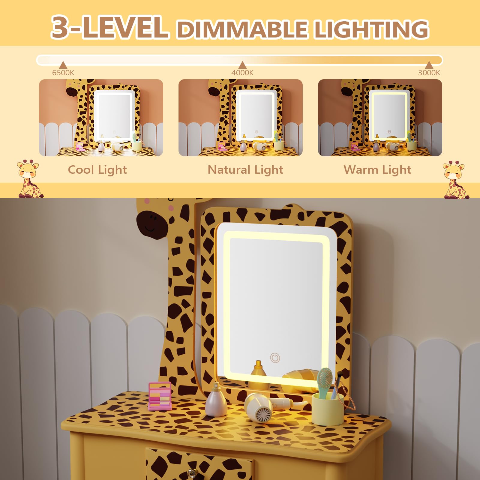 JOYMOR LED Lighted Kids Vanity with Storage and Wooden Legs