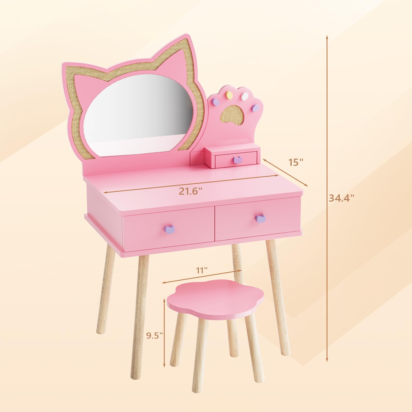 JOYMOR Kids Cat Mirror Vanity Makeup Dressing Table