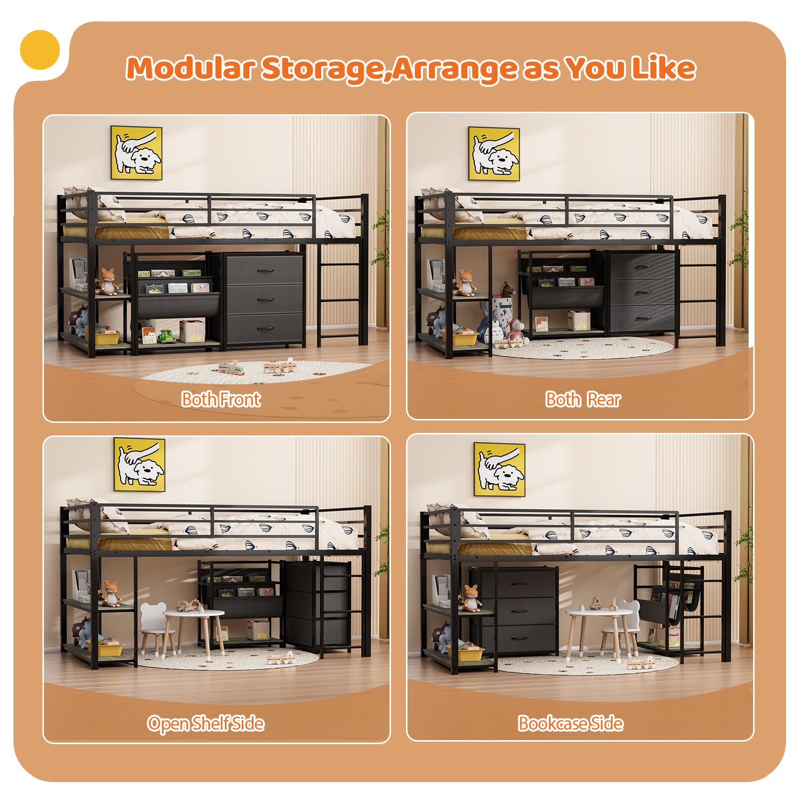 JOYMOR Twin Low Loft Bed with 3 Storage Drawers Shelves Bookcase and LED Lights Metal Frame Safety Guardrail