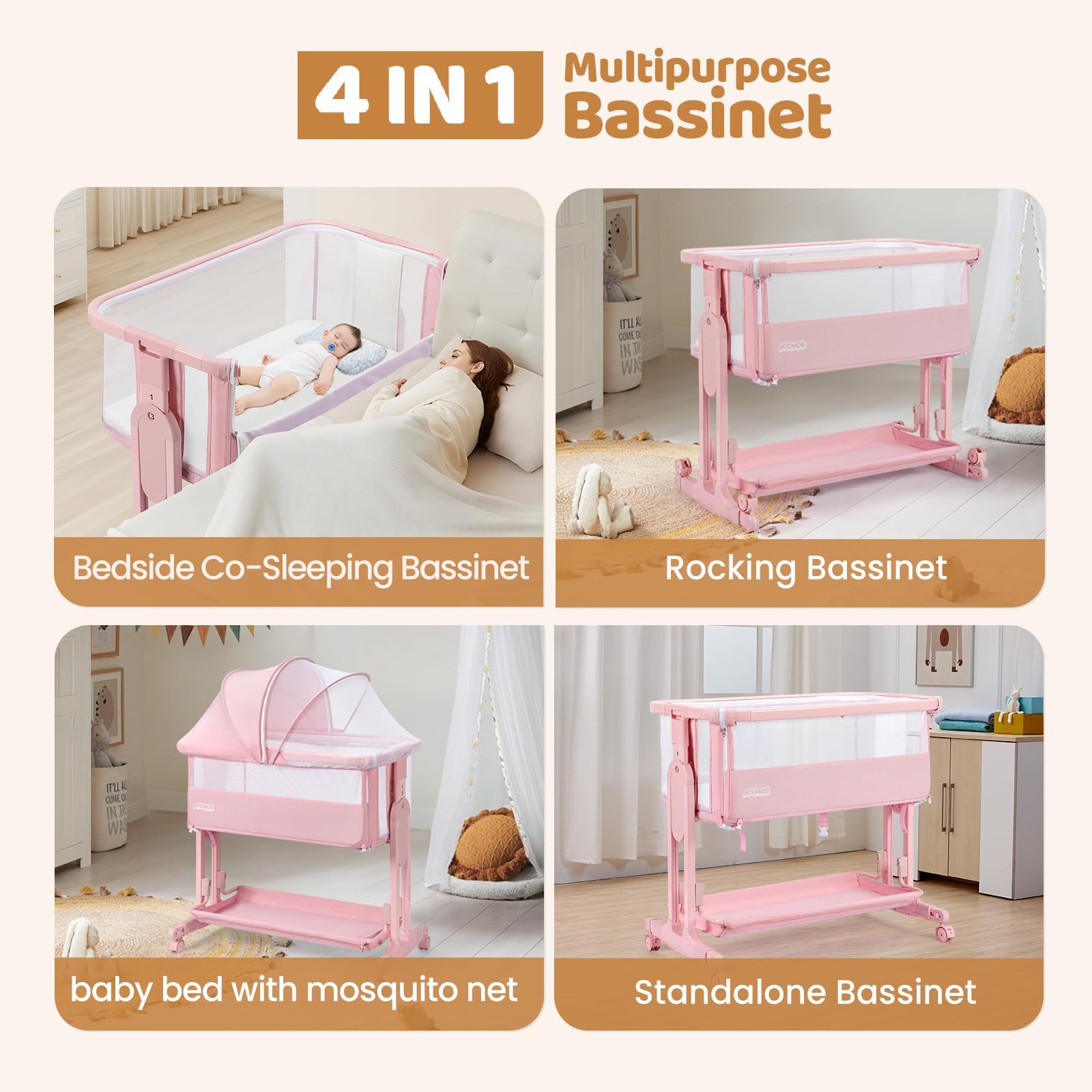 JOYMOR 4 in 1 Baby Bassinet Taller Bedside Sleeper with Mattress Beige