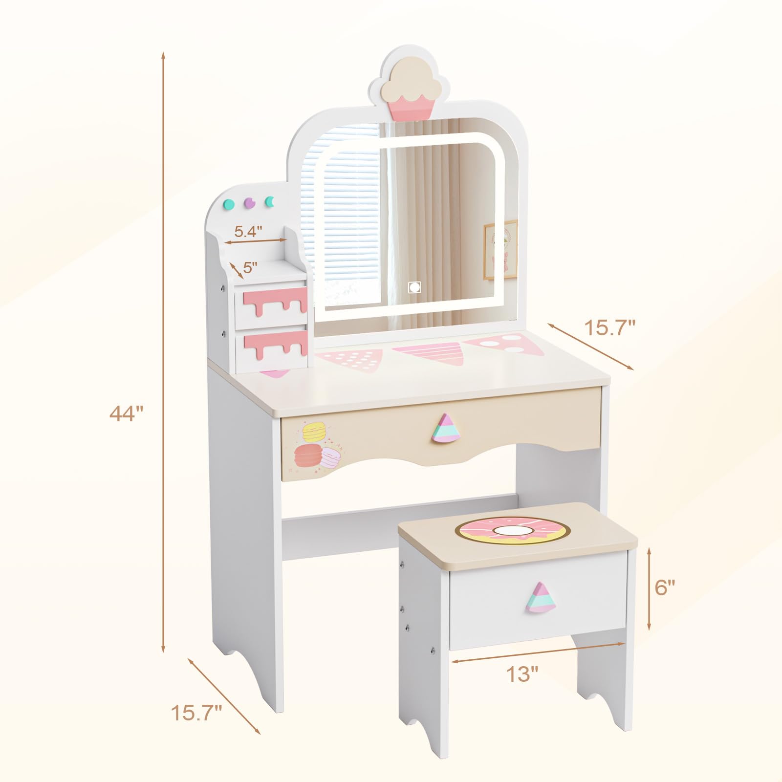 JOYMOR Kids Vanity with Cloud-Like Lights Makeup Dessert Desk