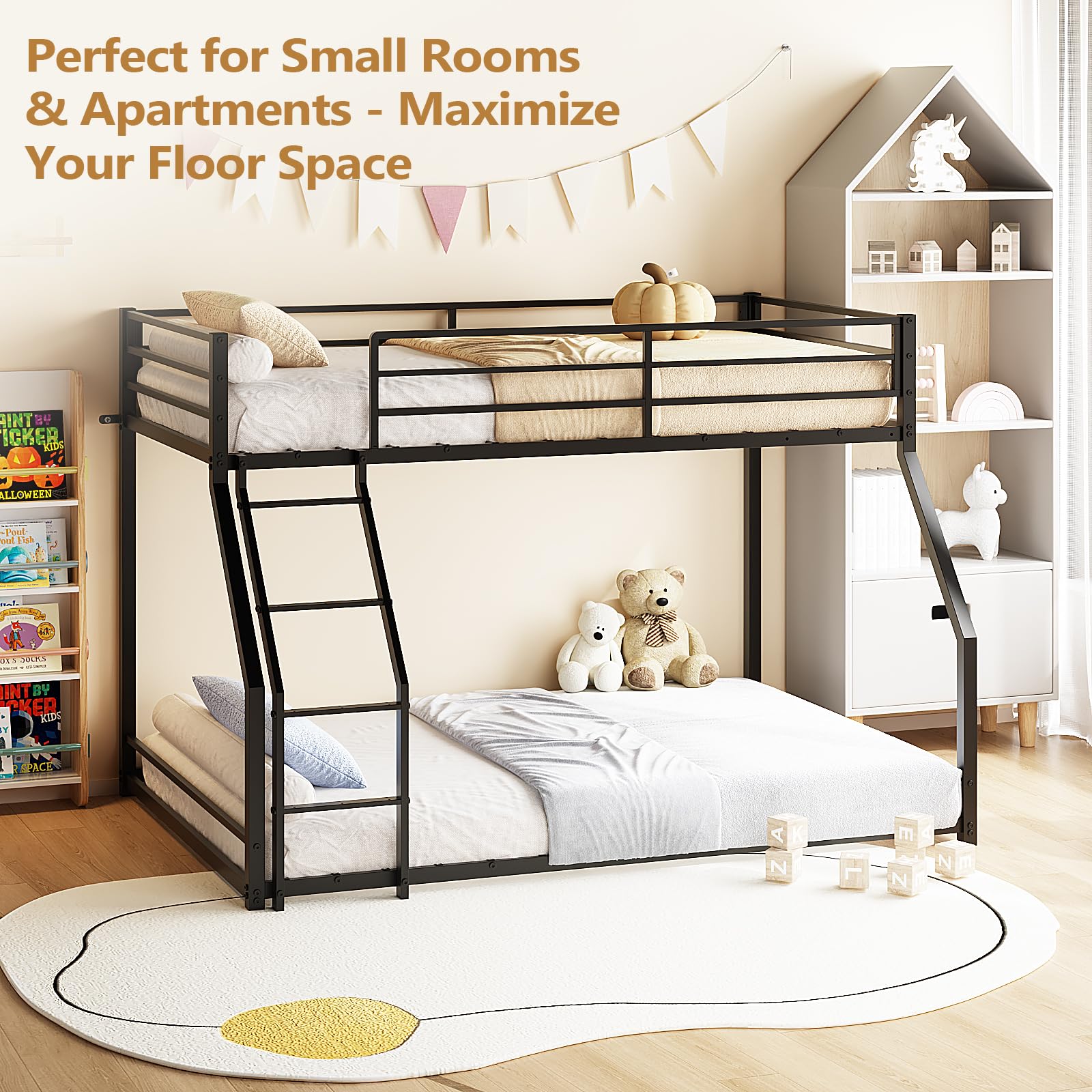 JOYMOR Twin Over Full Bunk Bed Metal Frame with Safety Guardrail Low Profile Space Saving Design