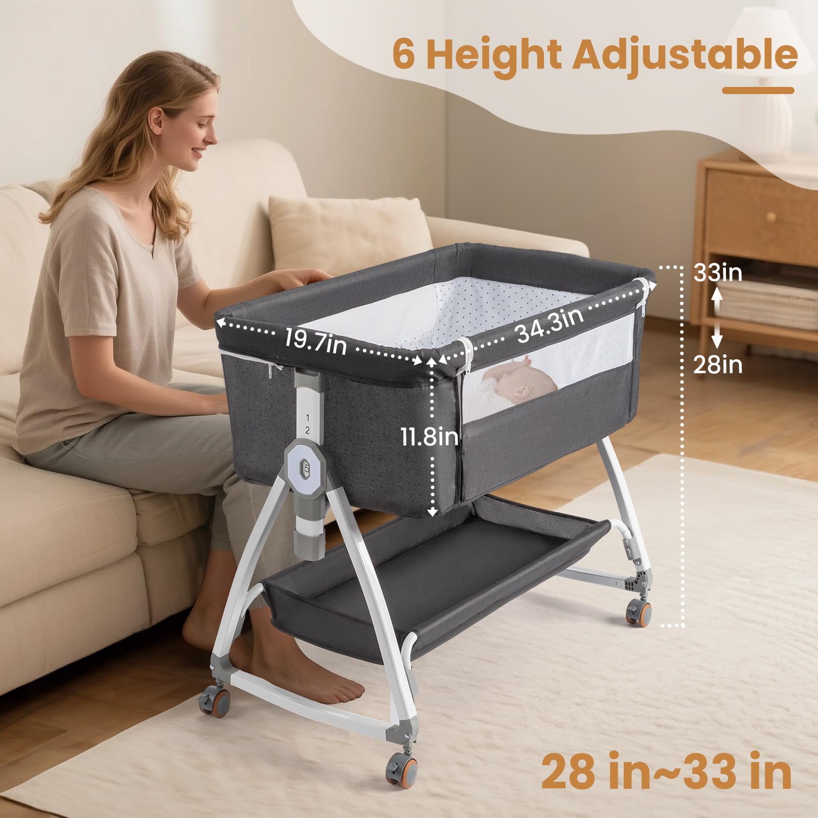 JOYMOR 3 in 1 Bedside Crib Portable Baby Bassinet Sleeper