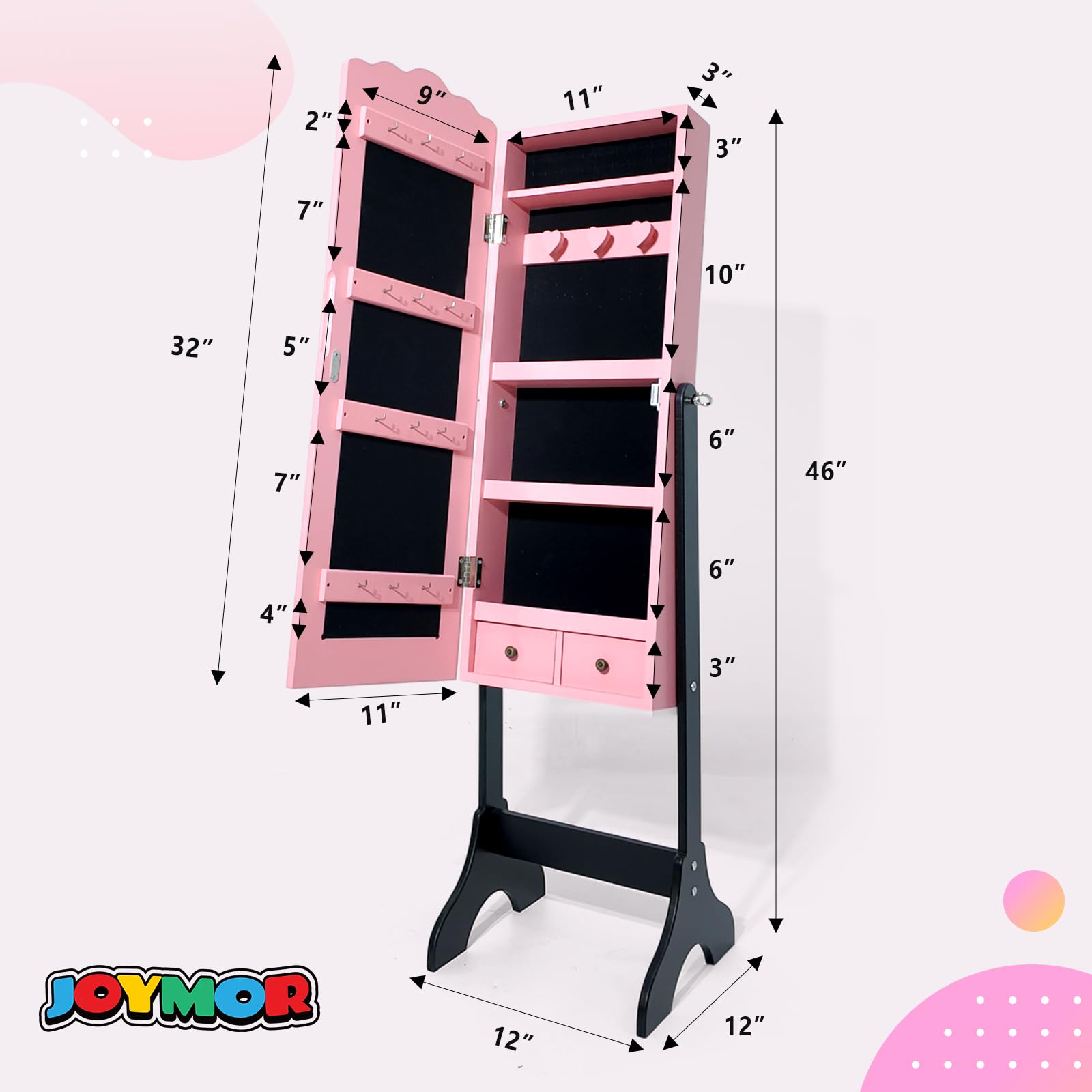 JOYMOR Freestandinng Kids Mirror Jewelry Cabinet with Storage