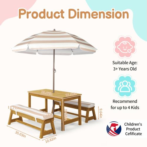JOYMOR Kids Picnic Table Outdoor Wooden Table Set with Umbrella