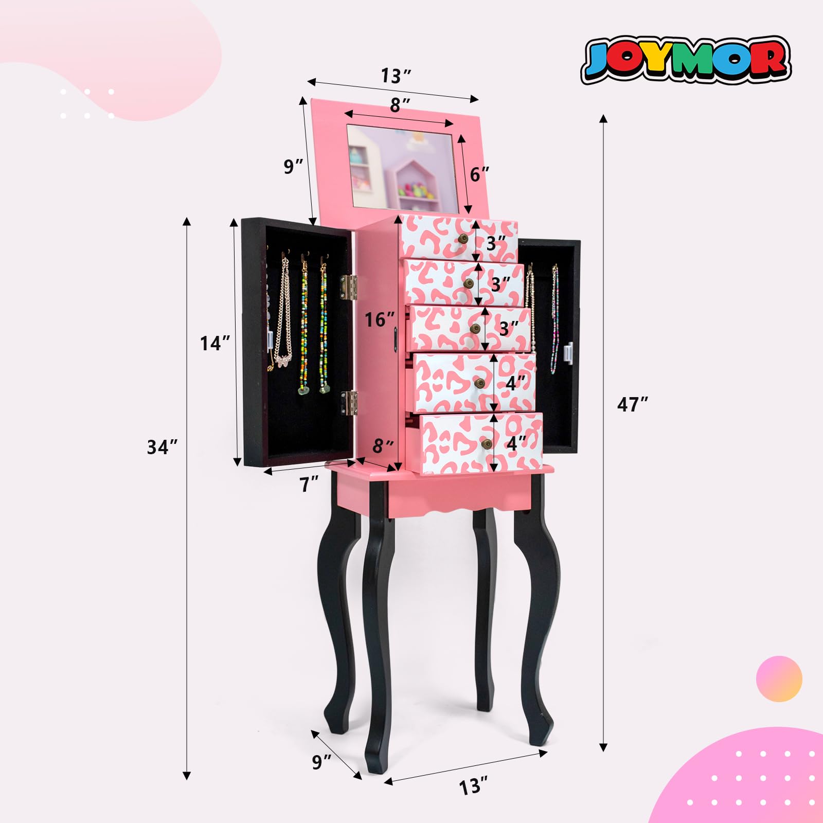 JOYMOR Kids Standing Jewelry Armoire Cabinet with 5 Drawers