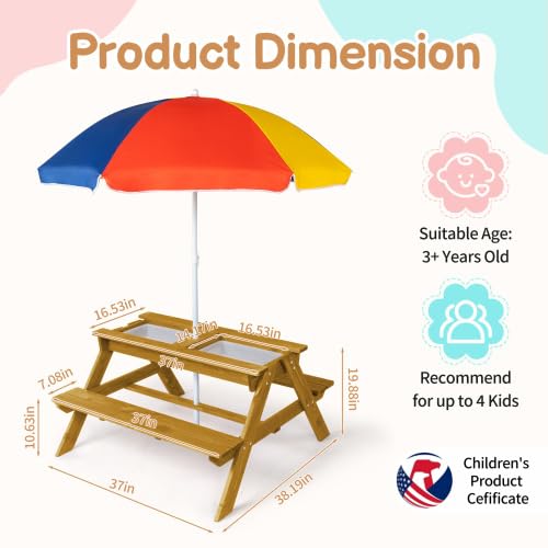 JOYMOR Kids Picnic Table Toddler Fir Wood Kids Outdoor Table and Chairs with Removable Umbrella