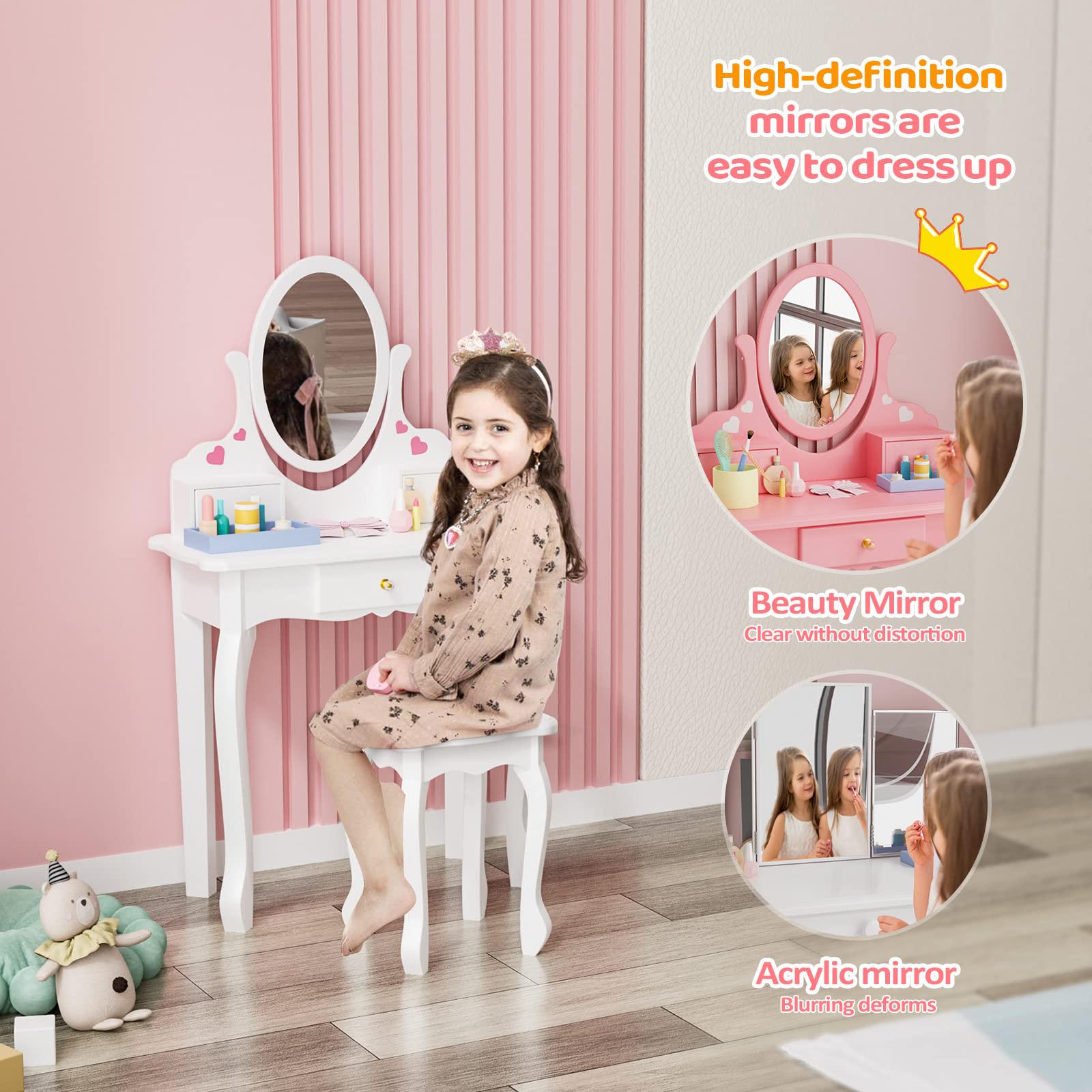 JOYMOR Kids Vanity Set with Makeup Dressing Table and Rotatable Mirror