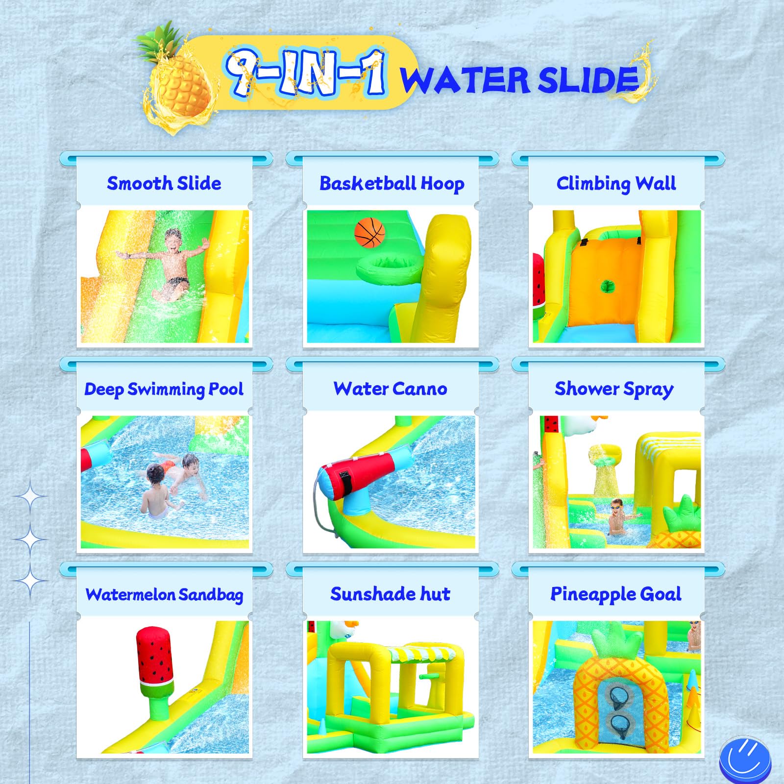 JOYMOR Fruit Theme Inflatable Water Slide for Kids Dual Slides Shaded Splash Pool Backyard
