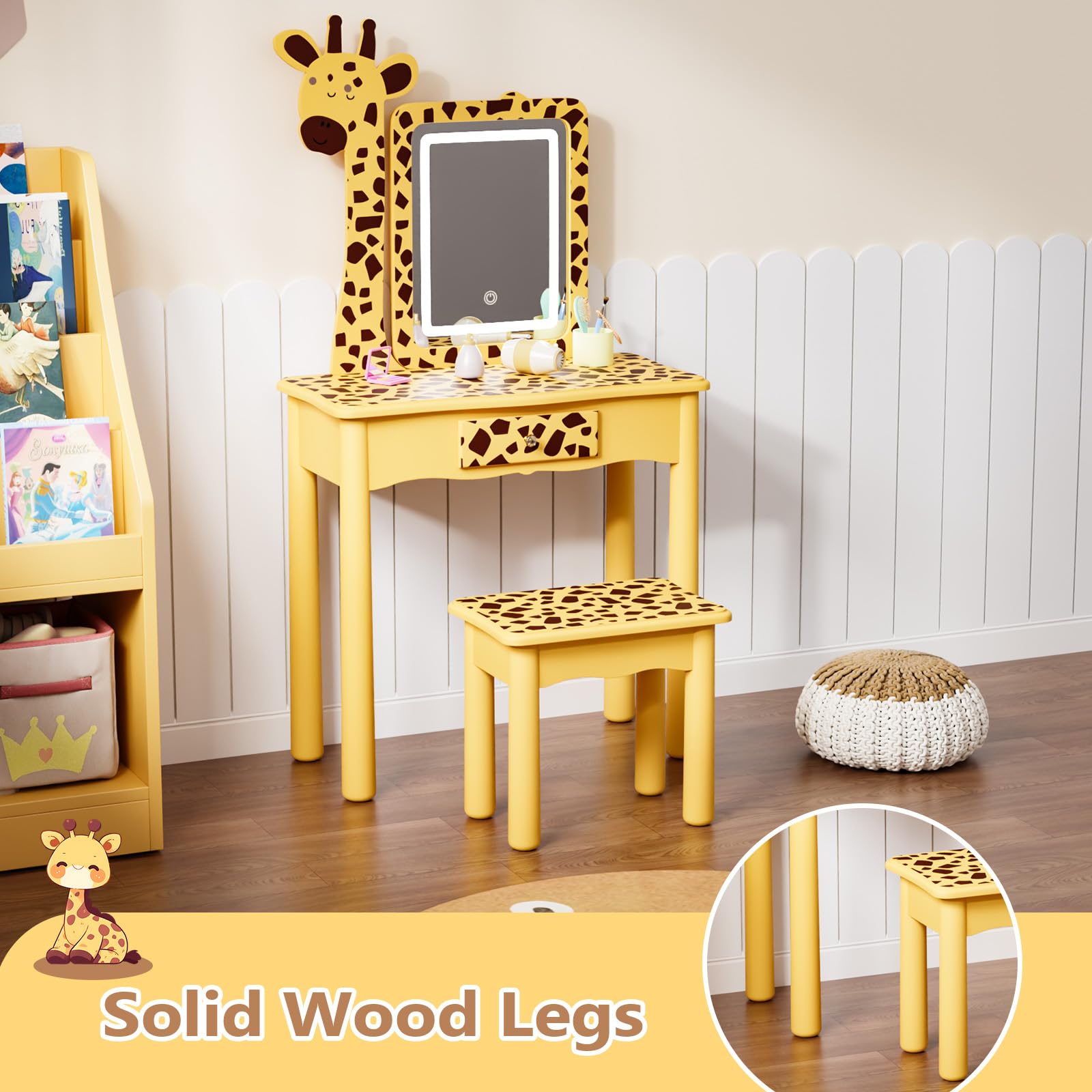 JOYMOR LED Lighted Kids Vanity with Storage and Wooden Legs