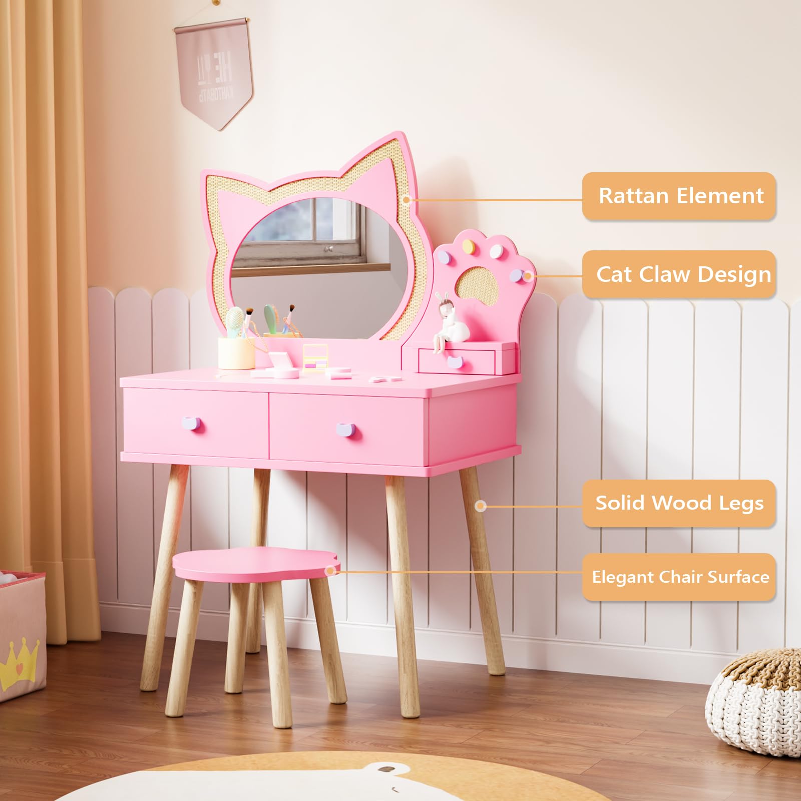 JOYMOR Kids Cat Mirror Vanity Makeup Dressing Table