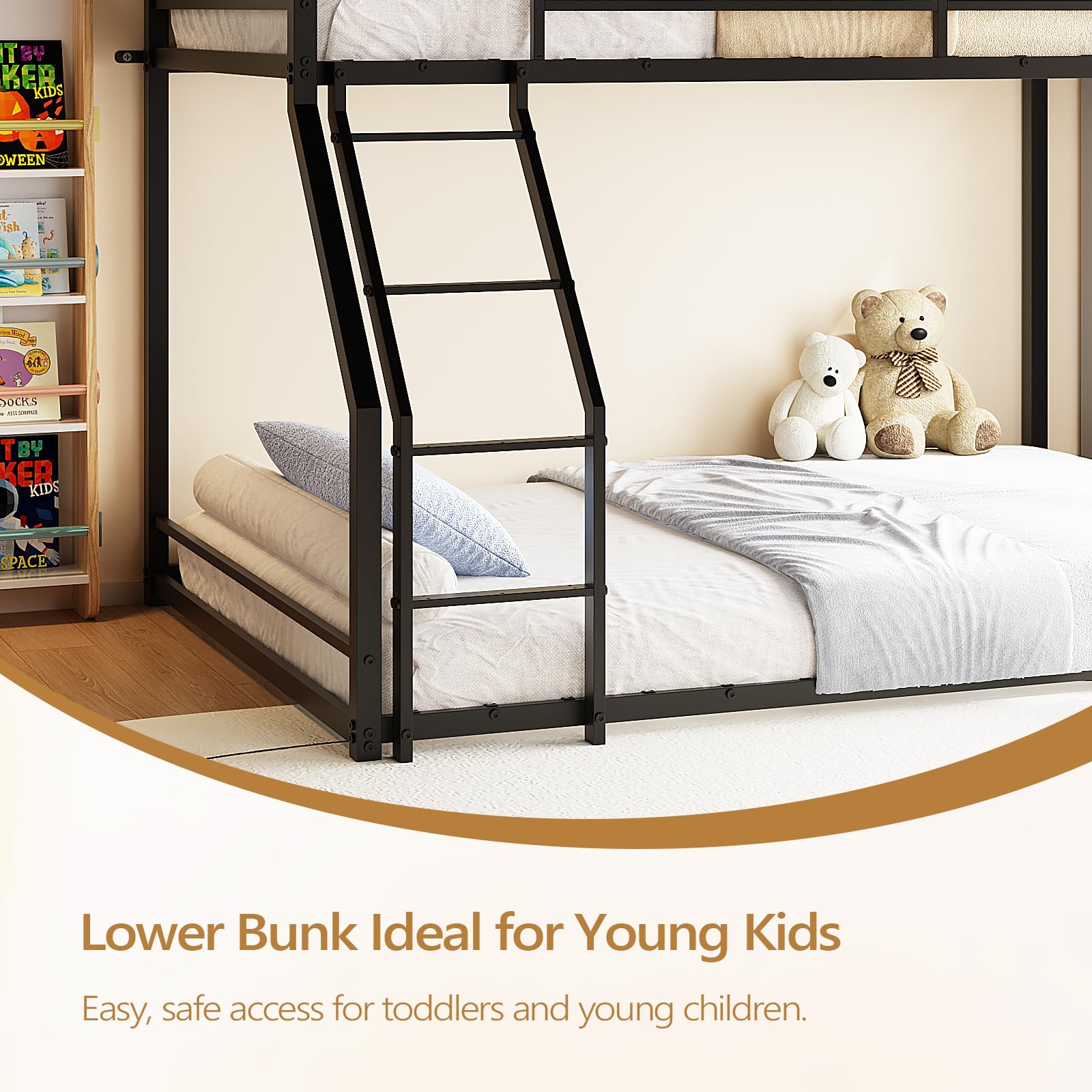 JOYMOR Twin Over Full Bunk Bed Metal Frame with Safety Guardrail Low Profile Space Saving Design