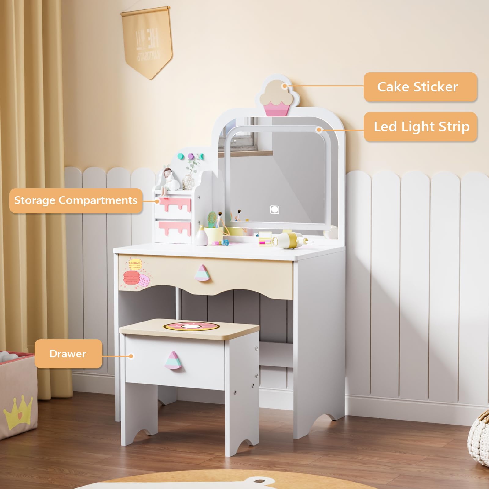 JOYMOR Kids Vanity with Cloud-Like Lights Makeup Dessert Desk