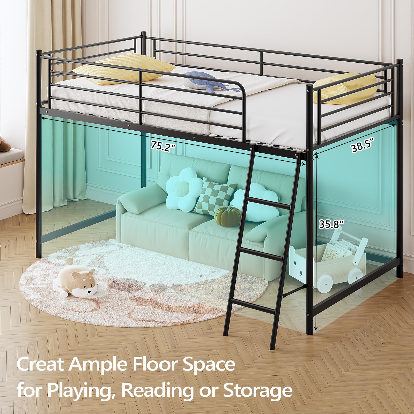 JOYMOR Low Loft Bed with Inclined Ladder Metal Twin Size Bed Frame