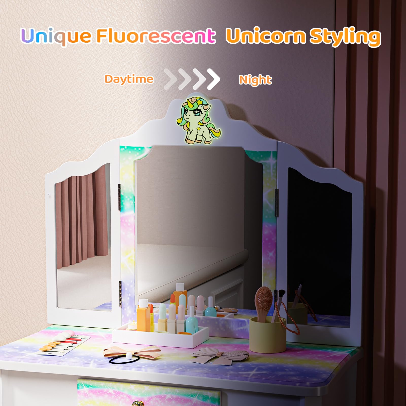 JOYMOR Luminous Unicorn Kids Vanity 2-in-1 Toddler Vanity w/Tri-Fold Mirror
