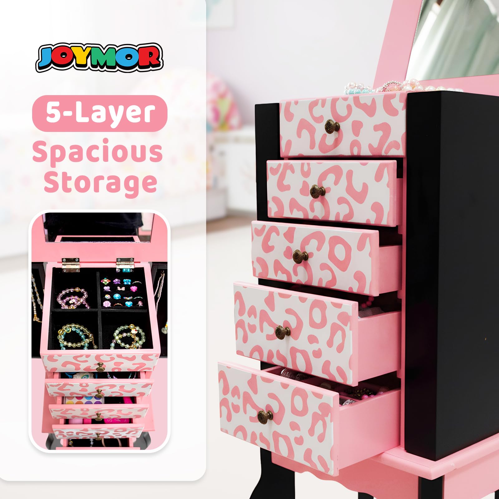 JOYMOR Kids Standing Jewelry Armoire Cabinet with 5 Drawers