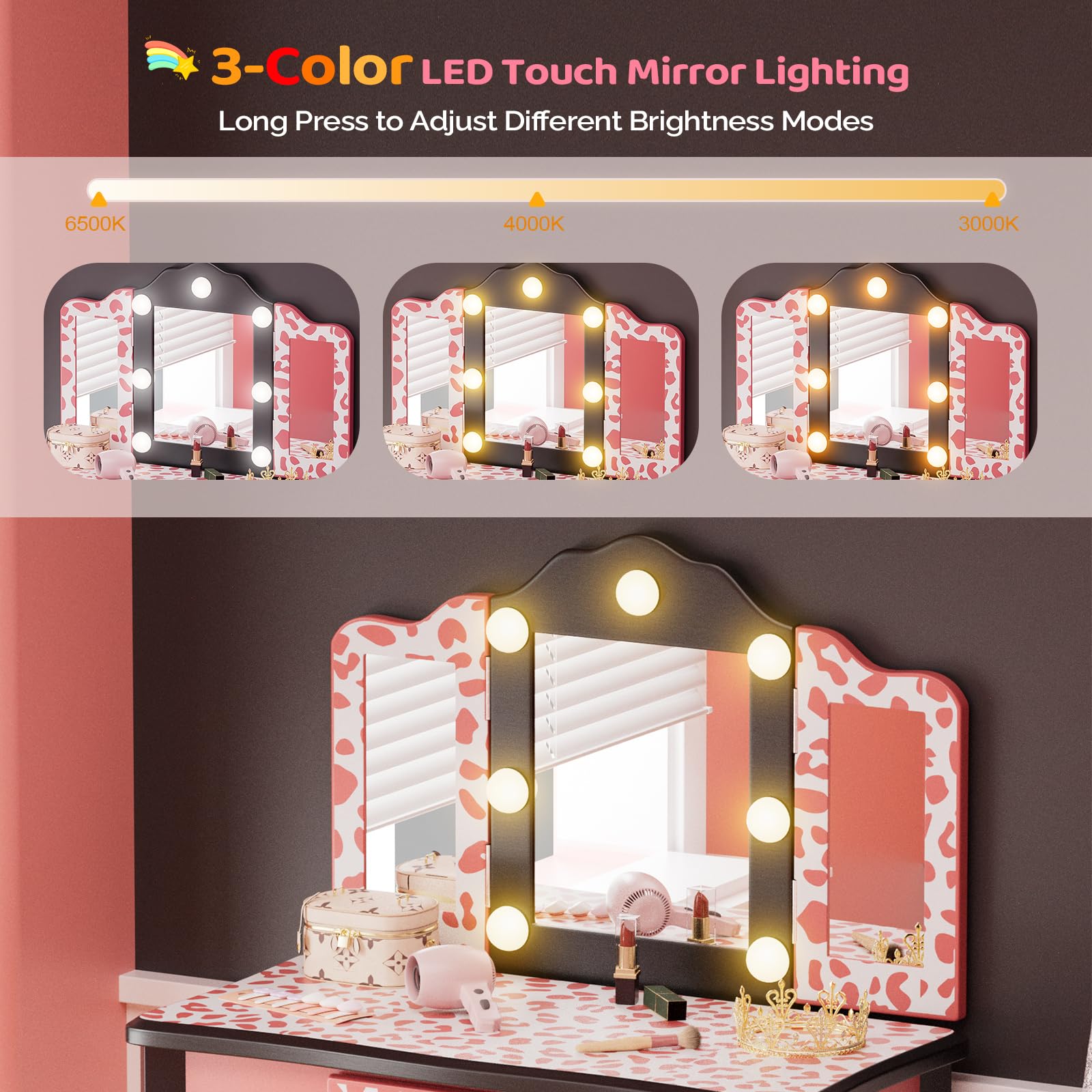 JOYMOR Kids Vanity Set Tri-Fold Girls Vanity with Leopard Print