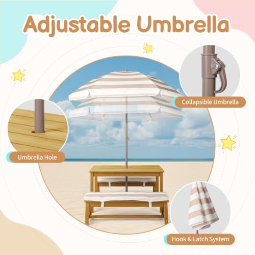 JOYMOR Kids Picnic Table Outdoor Wooden Table Set with Umbrella