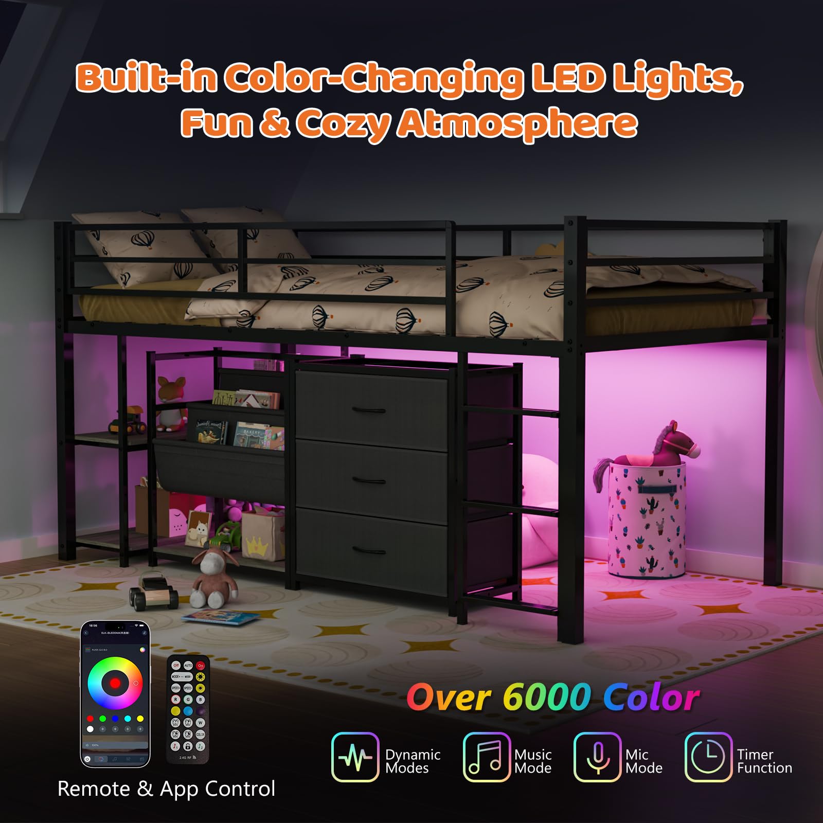 JOYMOR Twin Low Loft Bed with 3 Storage Drawers Shelves Bookcase and LED Lights Metal Frame Safety Guardrail