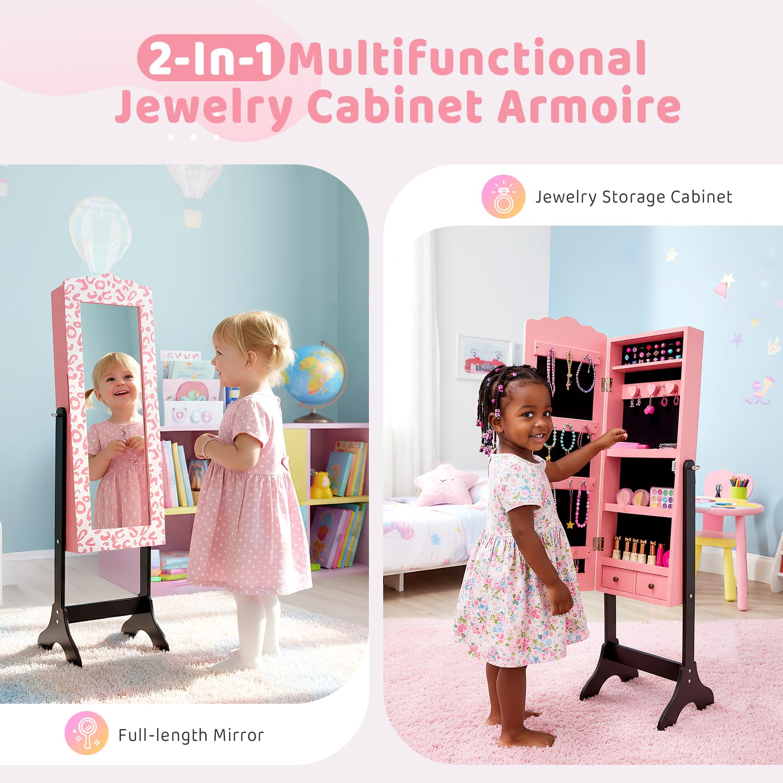 JOYMOR Freestandinng Kids Mirror Jewelry Cabinet with Storage