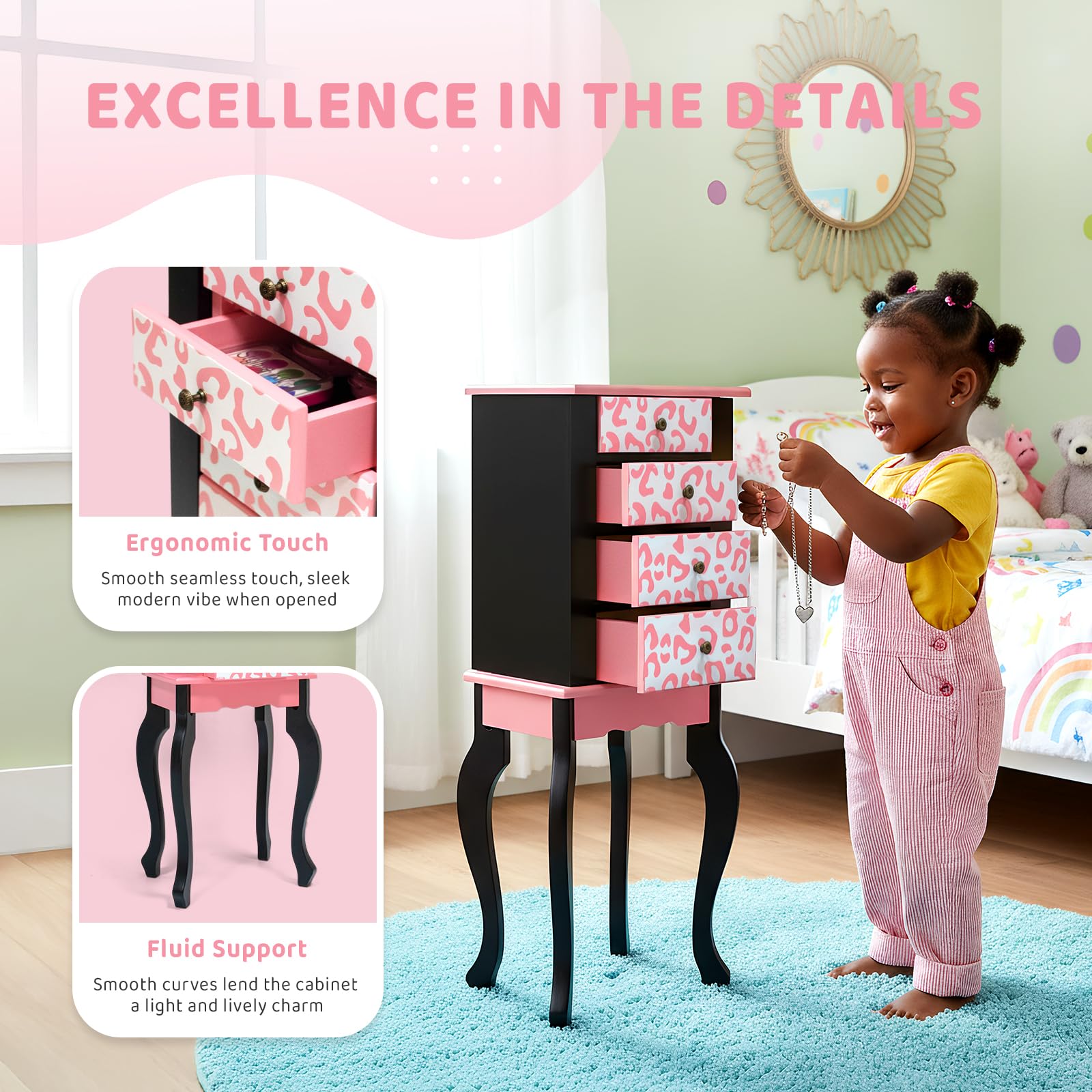 JOYMOR Kids Standing Jewelry Armoire Cabinet with 5 Drawers