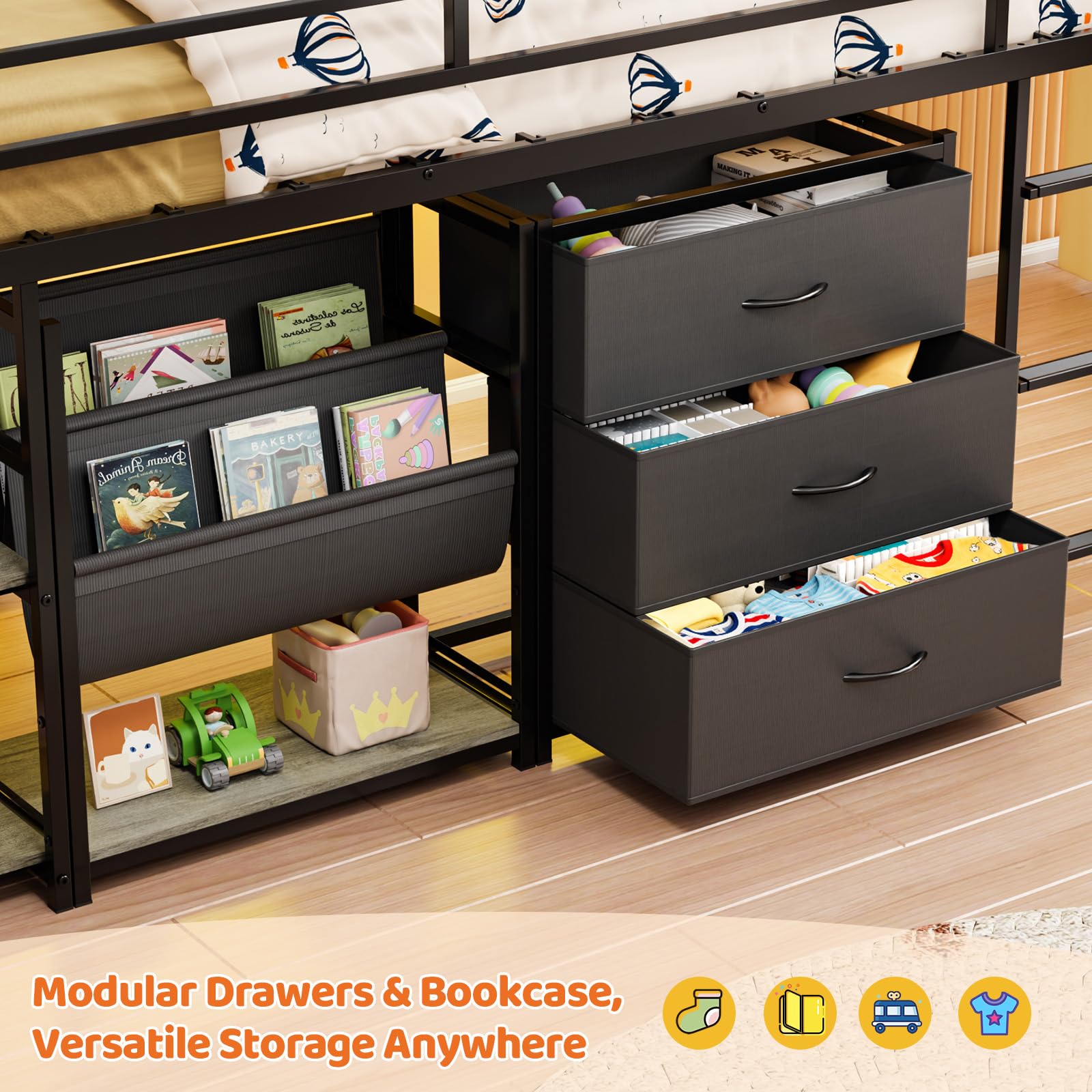 JOYMOR Twin Low Loft Bed with 3 Storage Drawers Shelves Bookcase and LED Lights Metal Frame Safety Guardrail