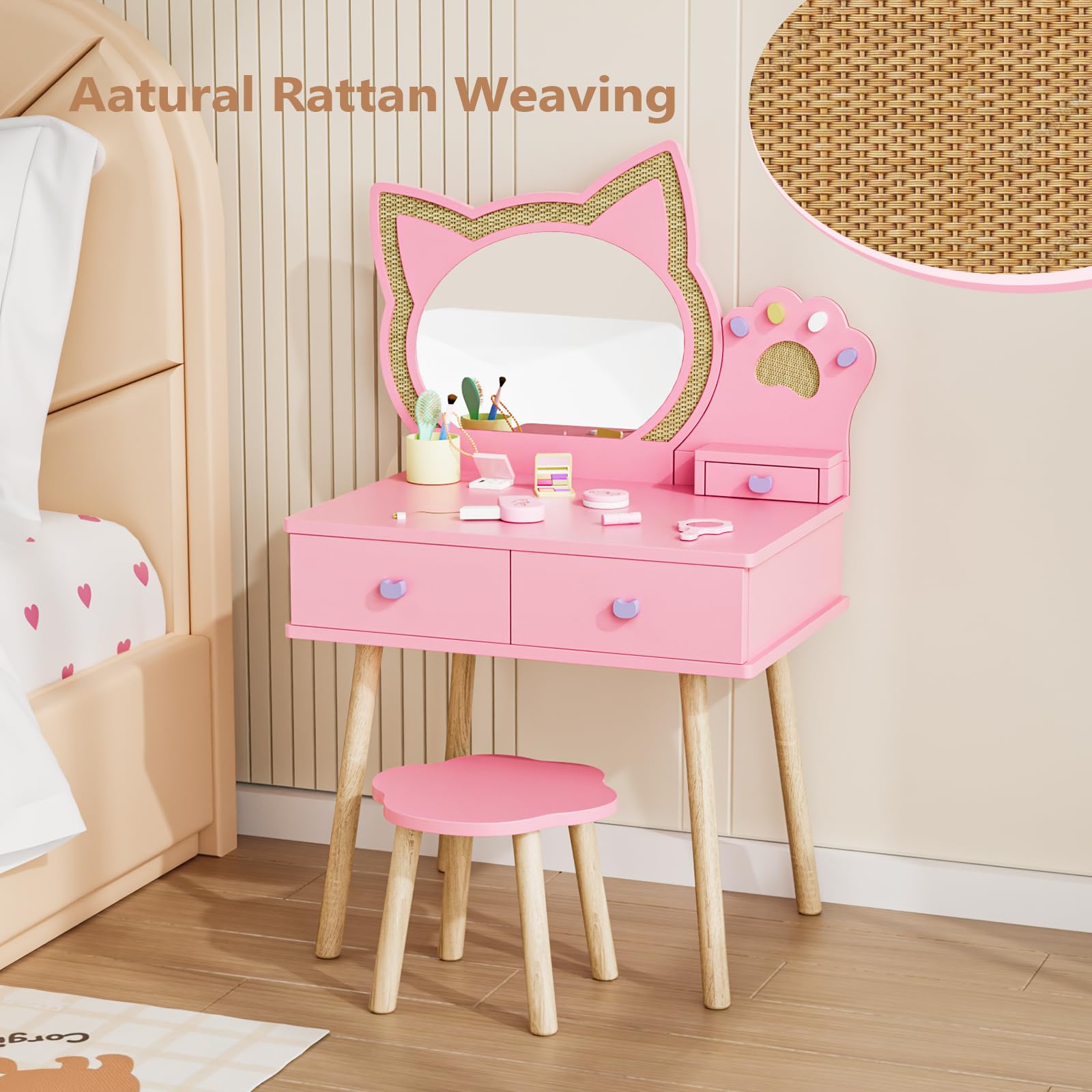 JOYMOR Kids Cat Mirror Vanity Makeup Dressing Table