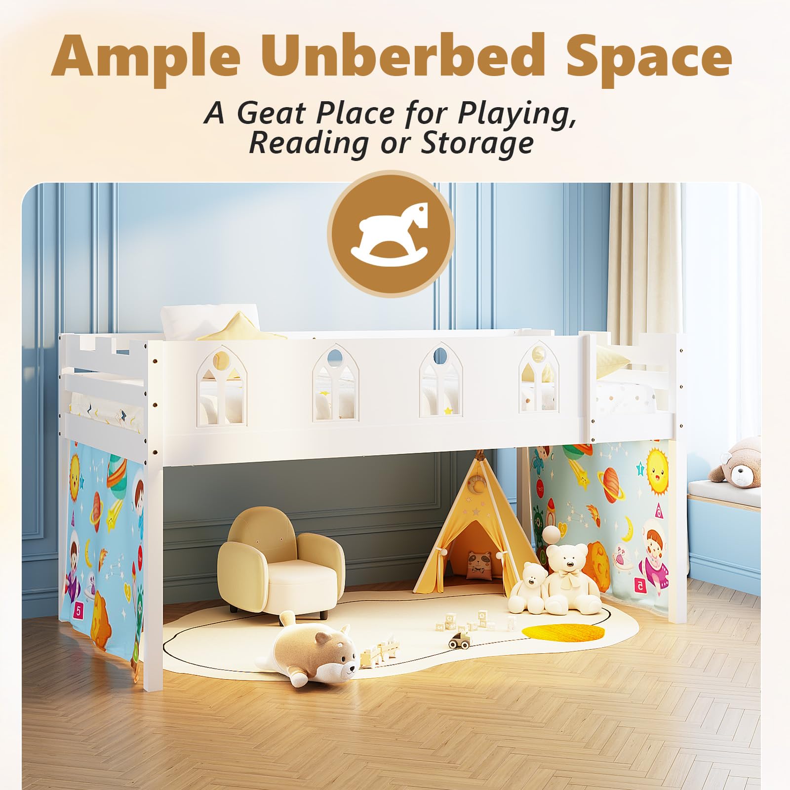 JOYMOR Low Loft Bed with LED Lights Wood Twin Size Bed Frame