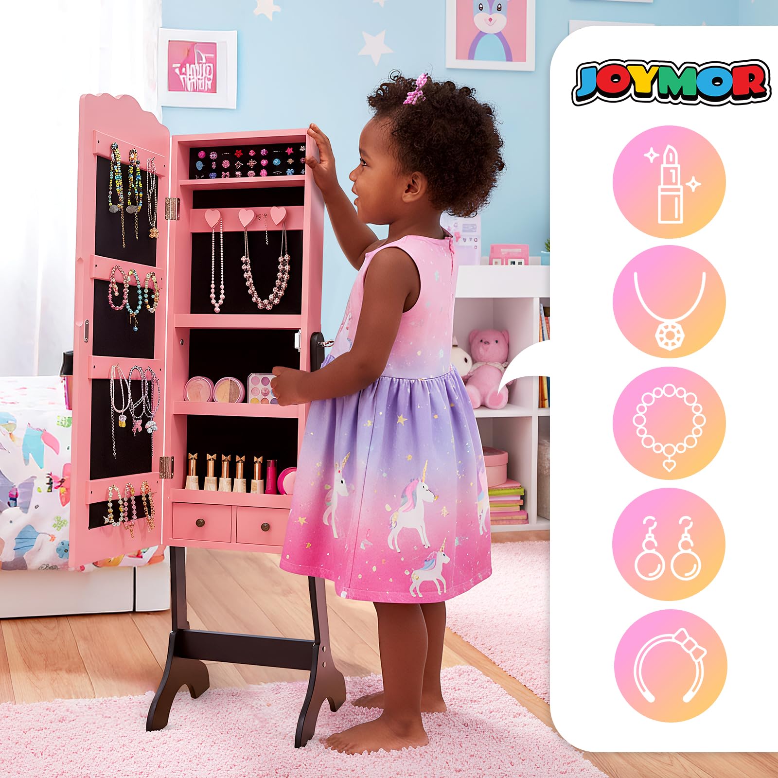 JOYMOR Freestandinng Kids Mirror Jewelry Cabinet with Storage