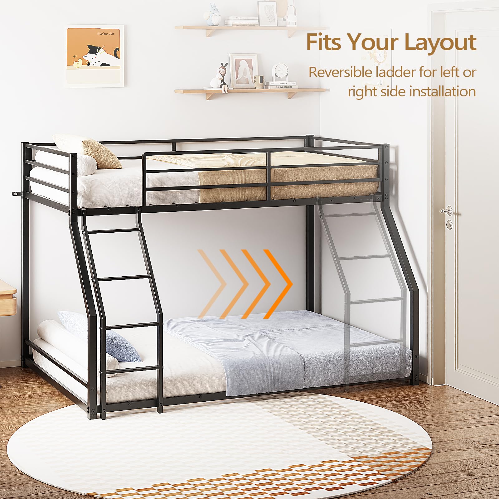 JOYMOR Twin Over Full Bunk Bed Metal Frame with Safety Guardrail Low Profile Space Saving Design